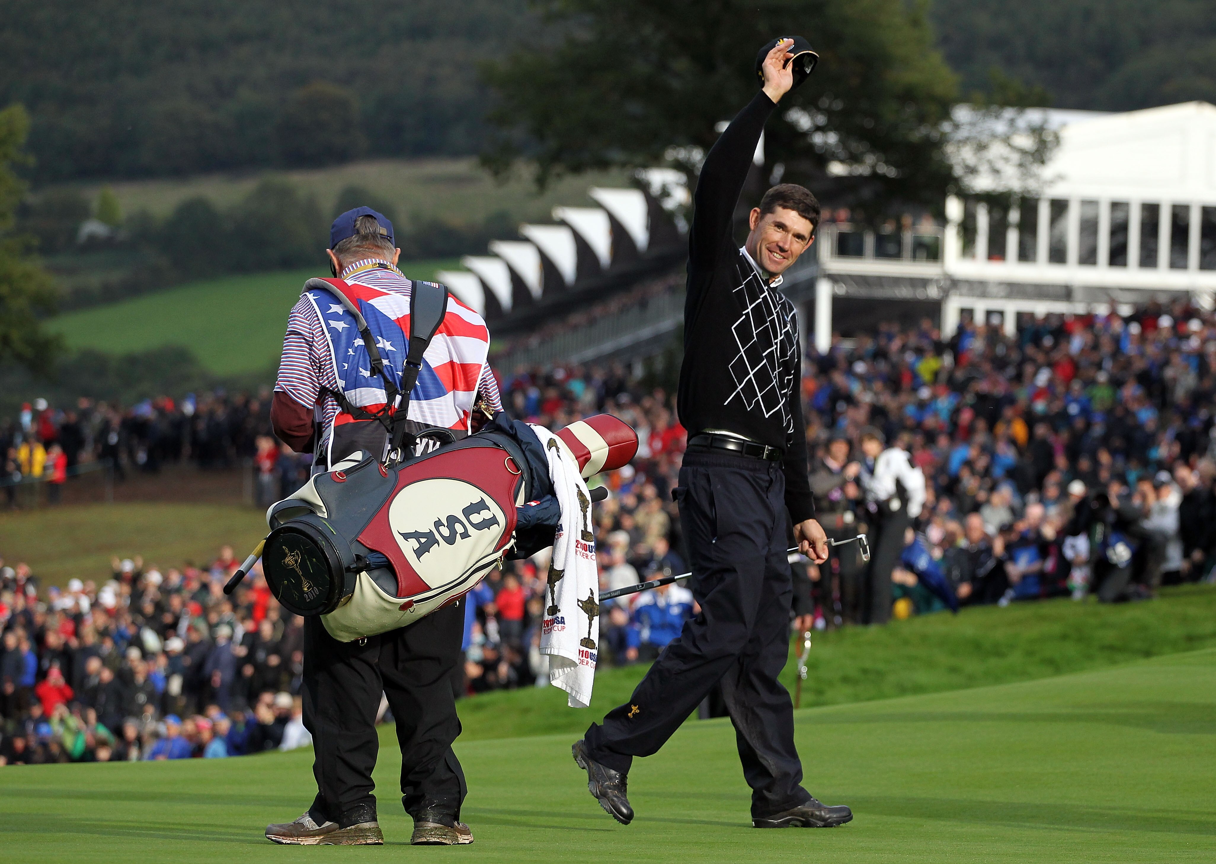 NEWPORT, WALES - OCTOBER 03:  Padraig Harrington of Europe salutes the crowd after winning his match on the 17th green during the Fourball & Foursome Matches during the 2010 Ryder Cup at the Celtic Manor Resort on October 3, 2010 in Newport, Wales.  (Phot