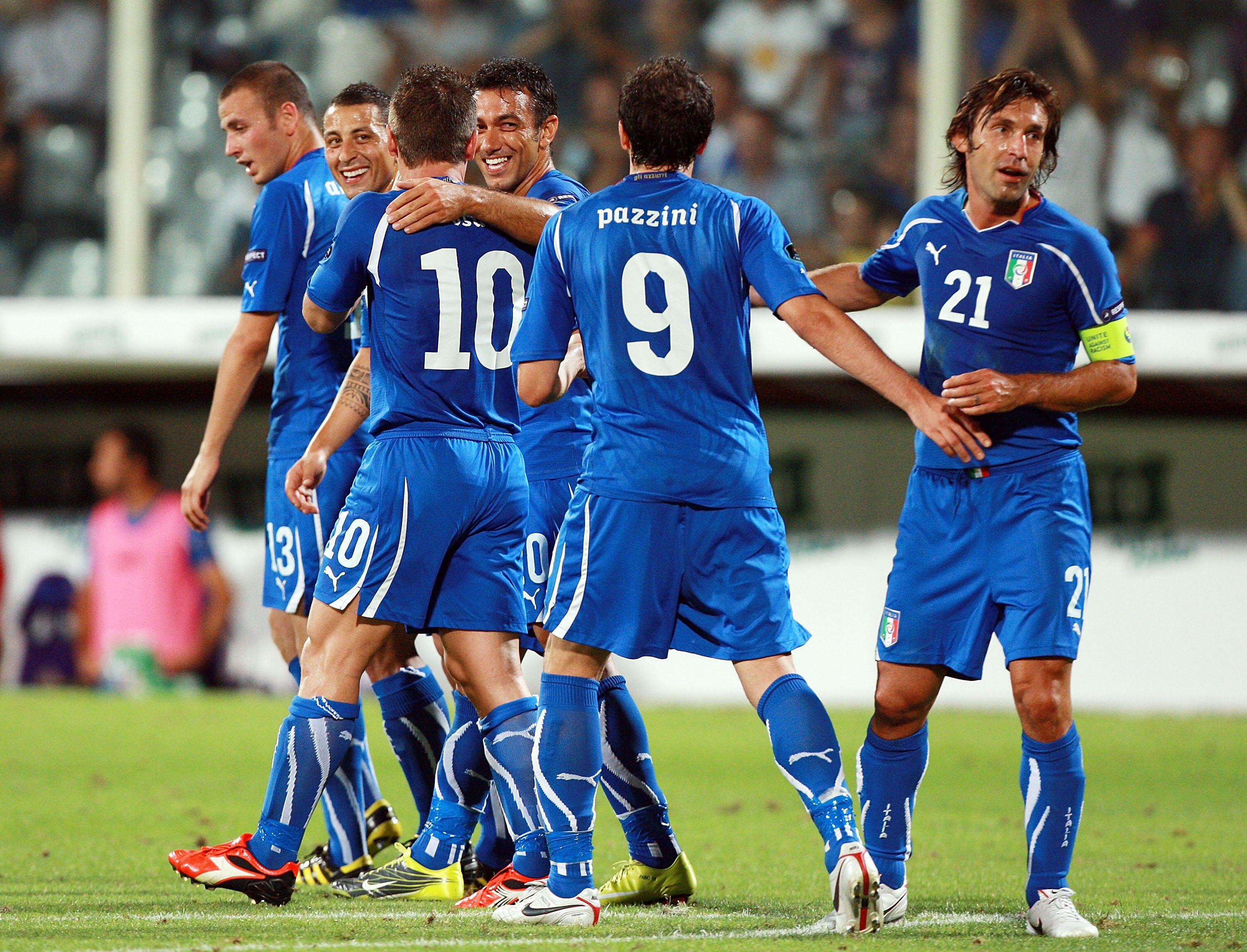 FLORENCE, ITALY - SEPTEMBER 07:  Fabio Quagliarella (3ndR) of Italy celebrates with his teammates after scoring the fourth goal during the Euro 2012 Group C qualifier match between Italy anf Faroe Islands on September 7, 2010 in Florence, Italy.  (Photo b