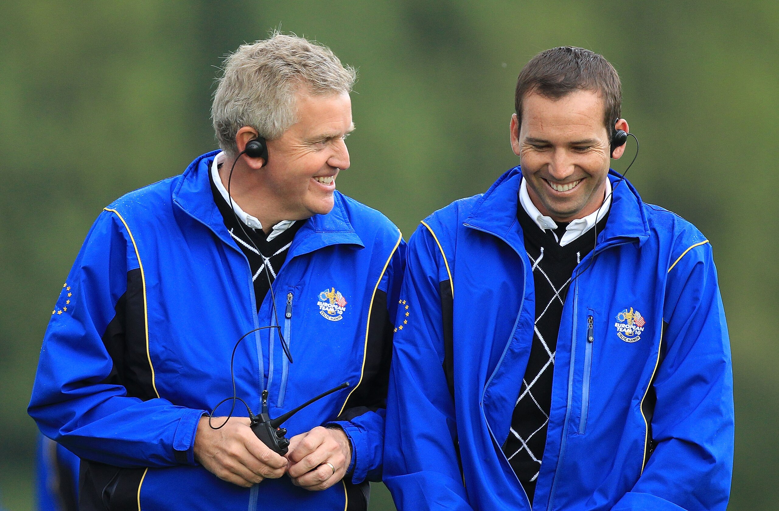 NEWPORT, WALES - OCTOBER 03:  Europe Captain Colin Montgomerie (L) smiles with Vice Captain Sergio Garcia during the  Fourball & Foursome Matches during the 2010 Ryder Cup at the Celtic Manor Resort on October 3, 2010 in Newport, Wales.  (Photo by David C