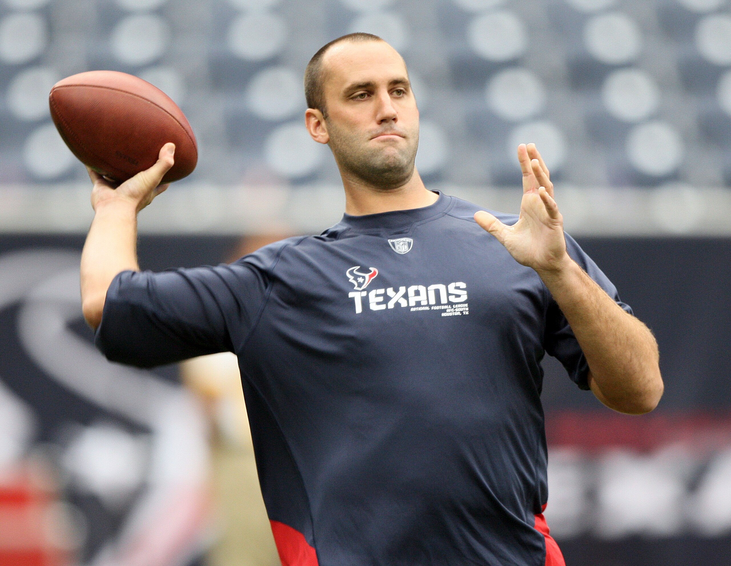 HOUSTON - SEPTEMBER 26:  Quarterback Matt Schaub of the Houston Texans throws a pass during pre-game warm ups before playing the Dallas Cowboys at Reliant Stadium on September 26, 2010 in Houston, Texas.  (Photo by Bob Levey/Getty Images)