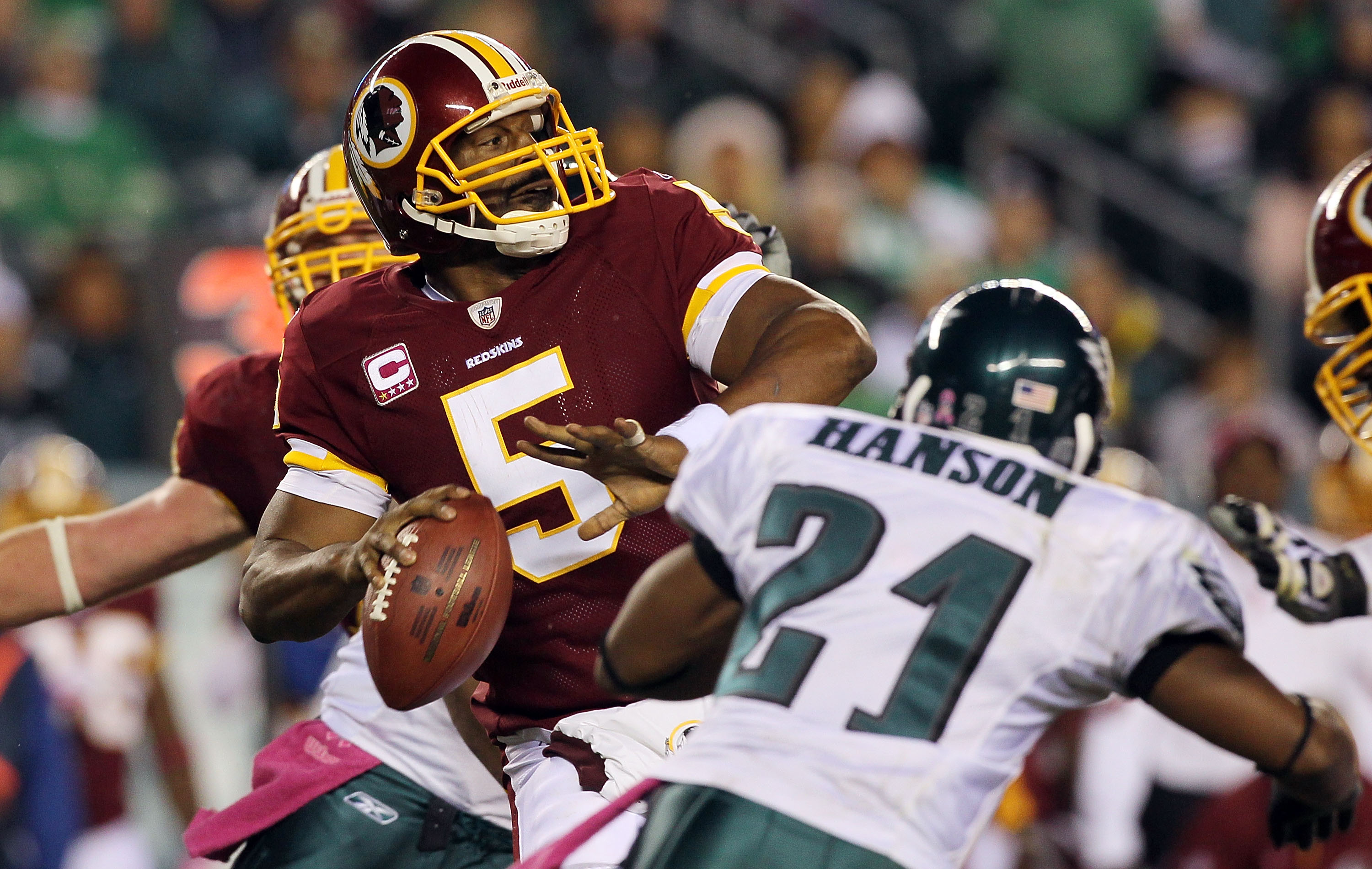 PHILADELPHIA - OCTOBER 03:  Donovan McNabb #5 of the Washington Redskins throws a pass in the second half against the Philadelphia Eagles on October 3, 2010 at Lincoln Financial Field in Philadelphia, Pennsylvania. The Redskins defeated the Eagles 17-12.