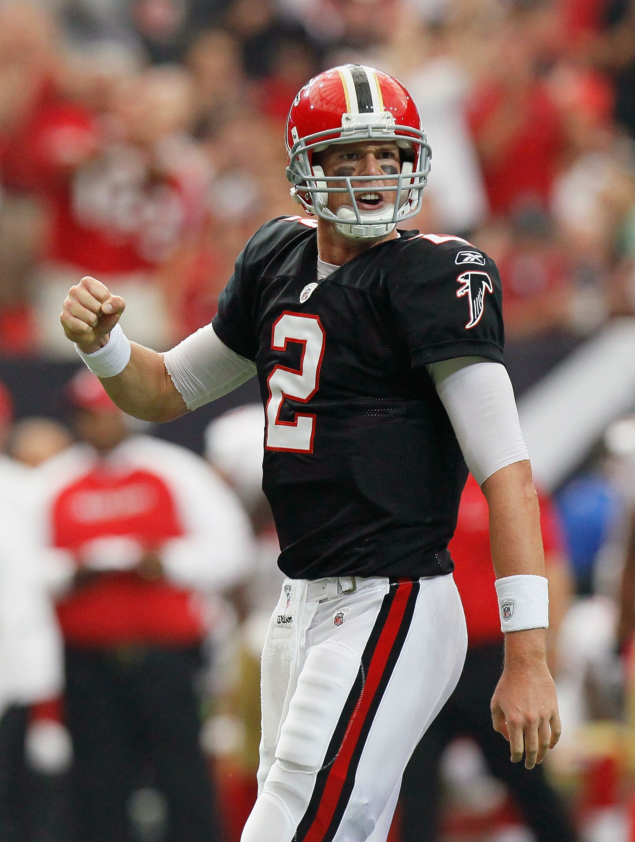 ATLANTA - OCTOBER 03:  Quarterback Matt Ryan #2 of the Atlanta Falcons reacts after tossing a touchdown reception against the San Francisco 49ers at Georgia Dome on October 3, 2010 in Atlanta, Georgia.  (Photo by Kevin C. Cox/Getty Images)