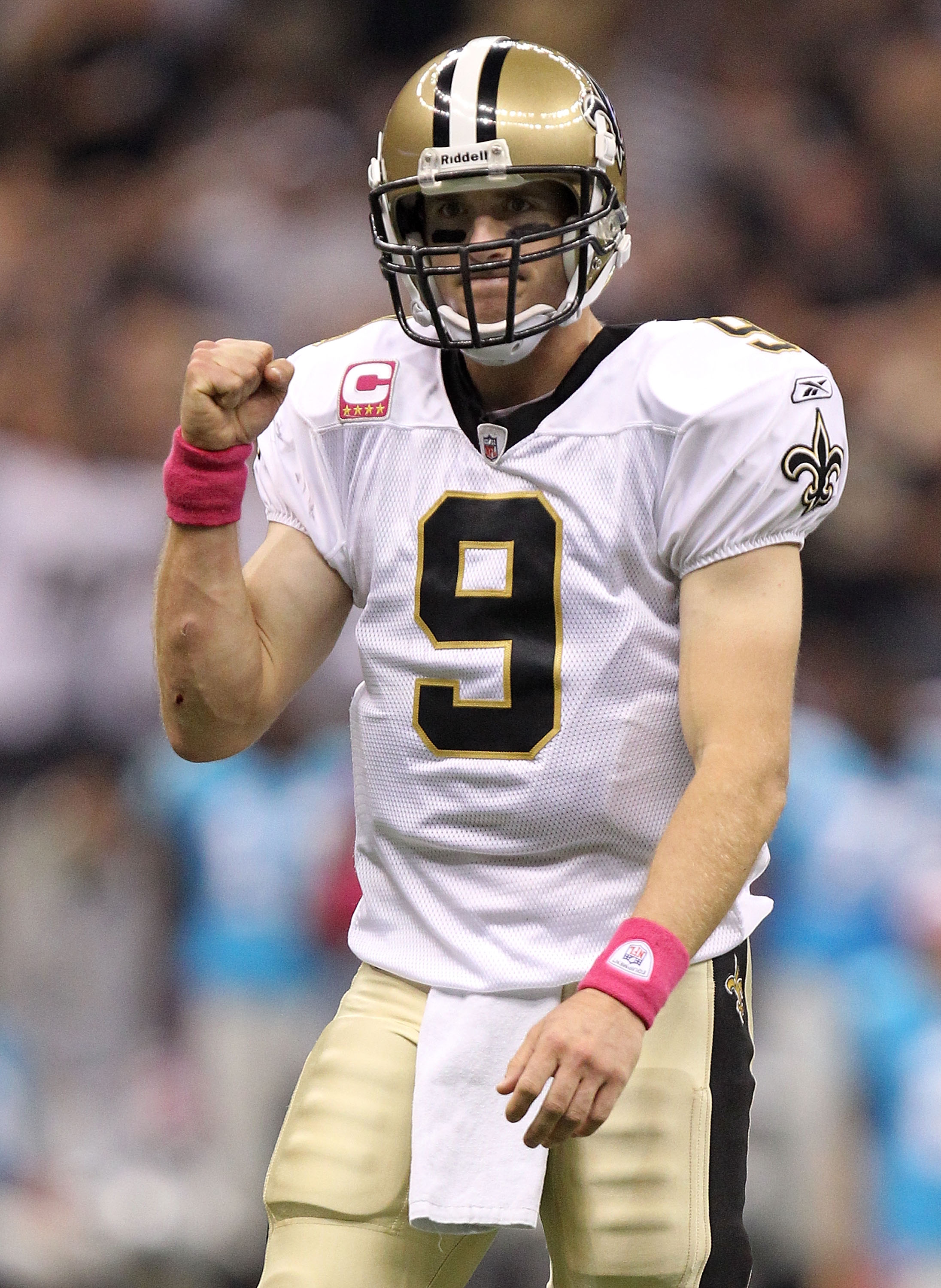 NEW ORLEANS - OCTOBER 03:  Quarterback Drew Brees #9 of the New Orleans Saints celebrates a touchdown in the first quarter against the Carolina Panthers at the Louisiana Superdome on October 3, 2010 in New Orleans, Louisiana.  (Photo by Ronald Martinez/Ge