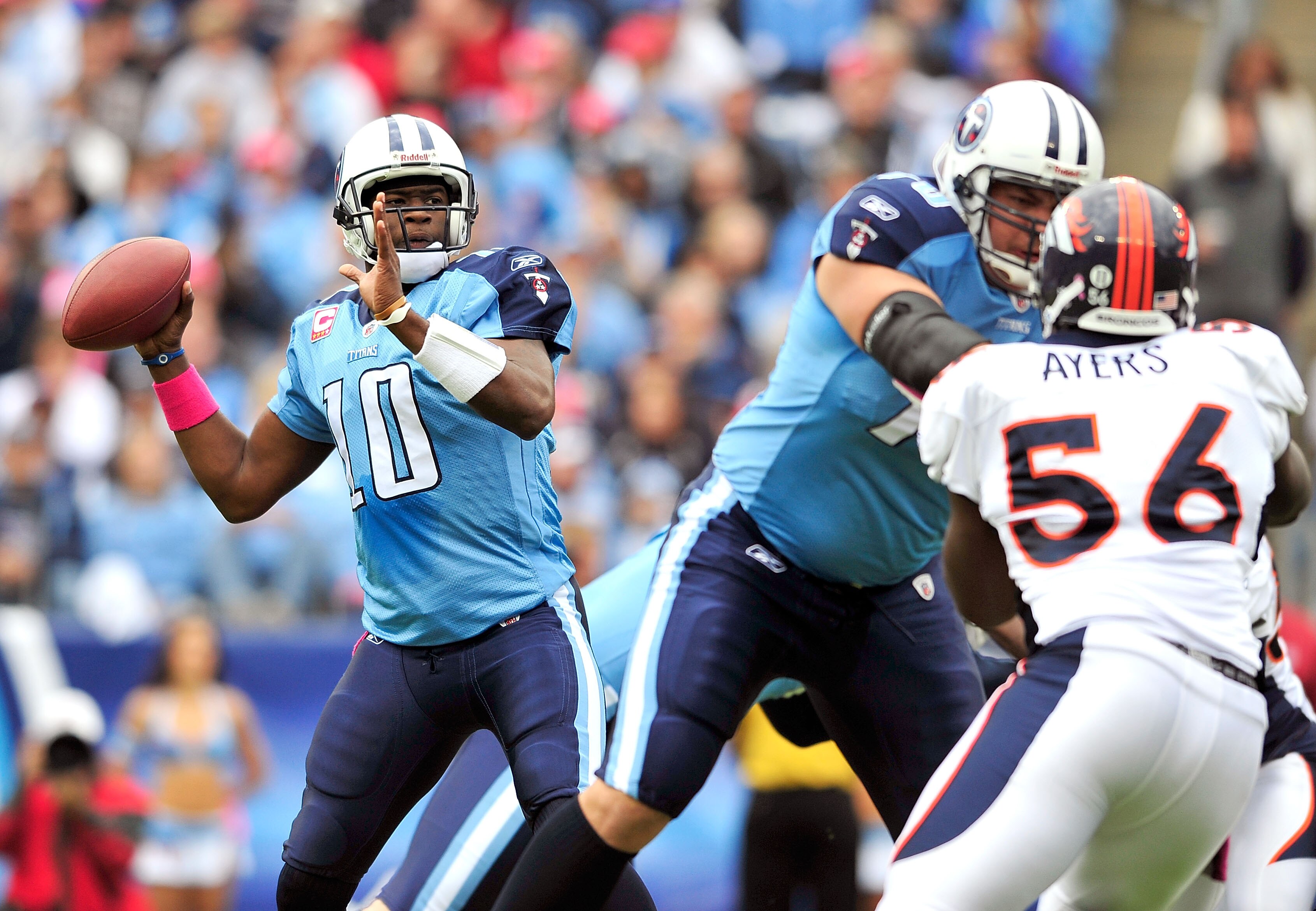 NASHVILLE, TN - OCTOBER 03:  Vince Young #10 of the Tennessee Titans drops back to pass against the Denver Broncos during the first half at LP Field on October 3, 2010 in Nashville, Tennessee.  (Photo by Grant Halverson/Getty Images)