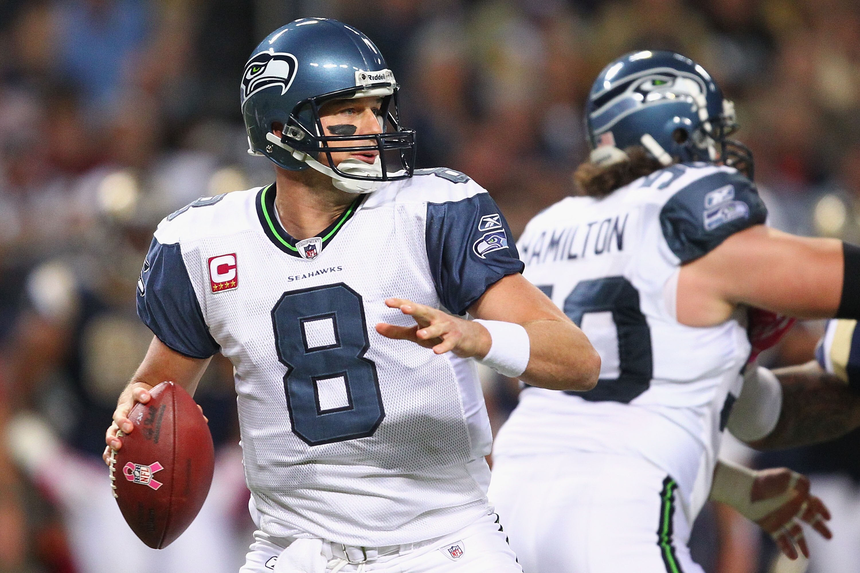 ST. LOUIS - OCTOBER 3: Matt Hasselbeck #8 of the Seattle Seahawks looks to pass against the St. Louis Rams at the Edward Jones Dome on October 3, 2010 in St. Louis, Missouri.  The Rams beat the Seahawks 20-3.  (Photo by Dilip Vishwanat/Getty Images)
