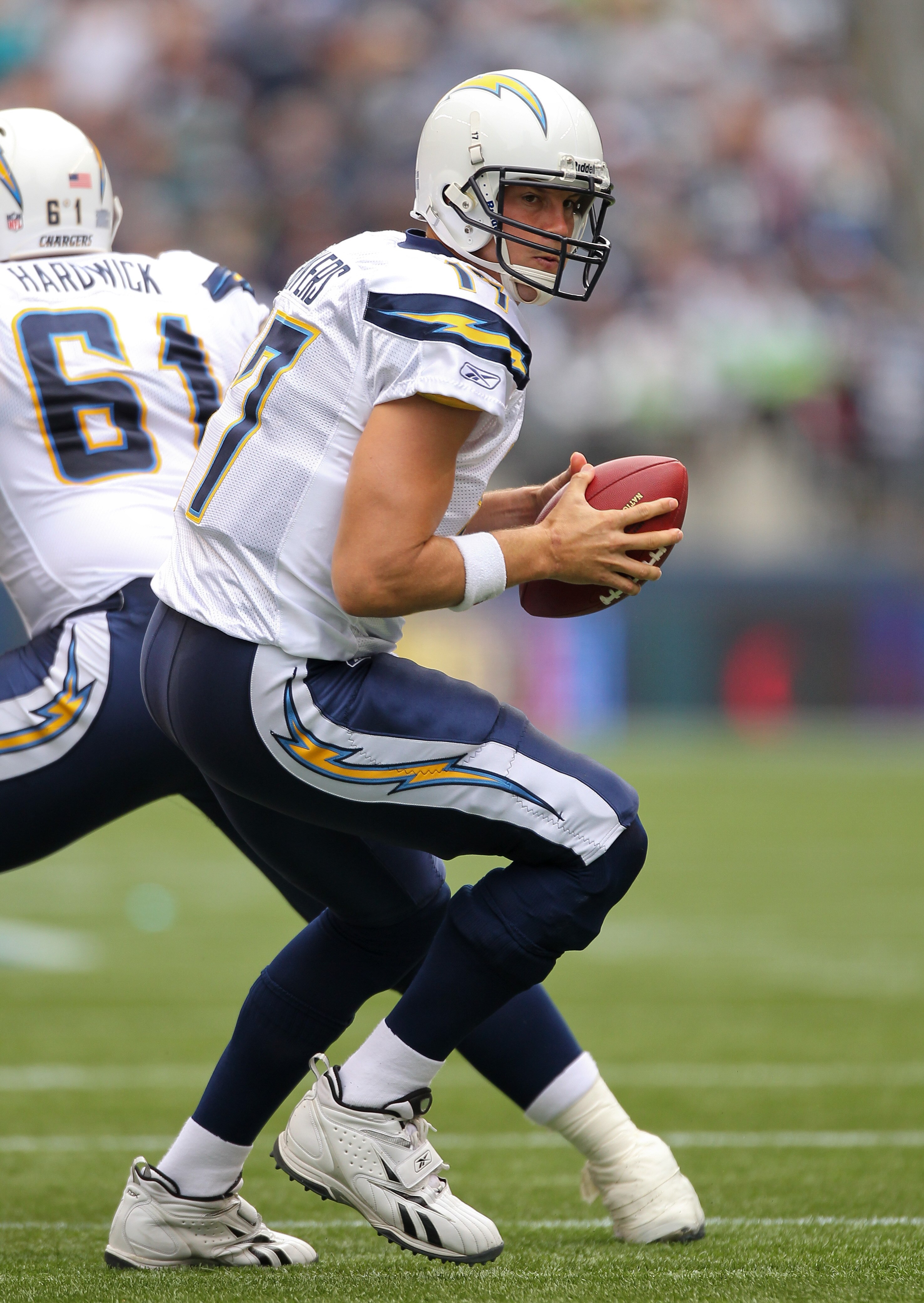 SEATTLE - SEPTEMBER 26:  Quarterback Philip Rivers #17 of the San Diego Chargers drops back to pass against the Seattle Seahawks at Qwest Field on September 26, 2010 in Seattle, Washington. (Photo by Otto Greule Jr/Getty Images)