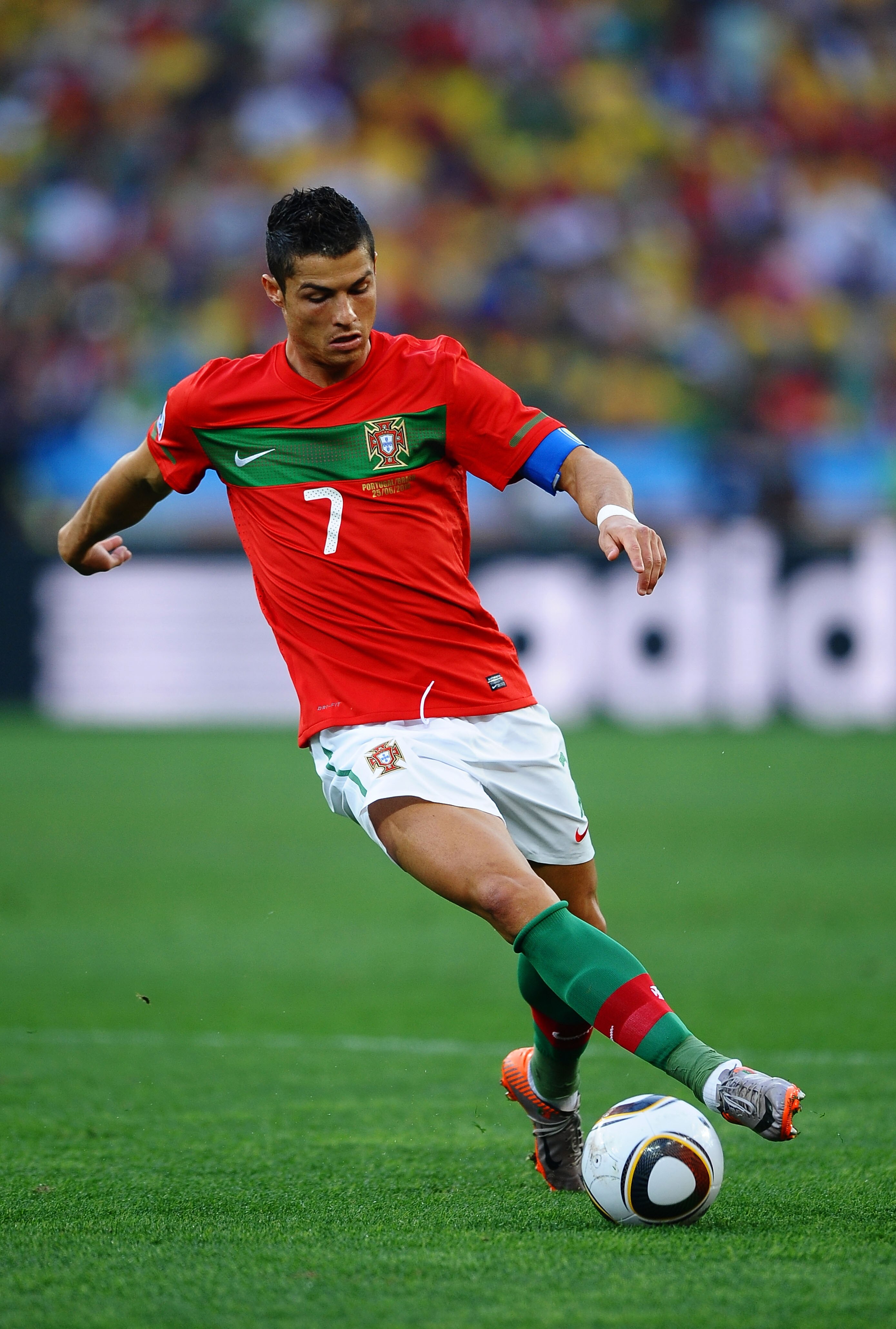 DURBAN, SOUTH AFRICA - JUNE 25:  Cristiano Ronaldo of Portugal in action during the 2010 FIFA World Cup South Africa Group G match between Portugal and Brazil at Durban Stadium on June 25, 2010 in Durban, South Africa.  (Photo by Laurence Griffiths/Getty