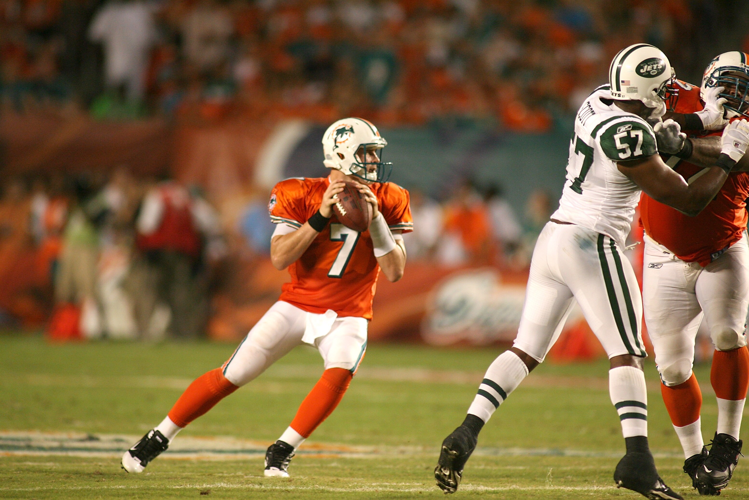 MIAMI - SEPTEMBER 26: Quarterback Chad Henne #7 of the Miami Dolphins throws against the New York Jets at Sun Life Stadium on September 26, 2010 in Miami, Florida. The Jets won 31-23. (Photo by Marc Serota/Getty Images)