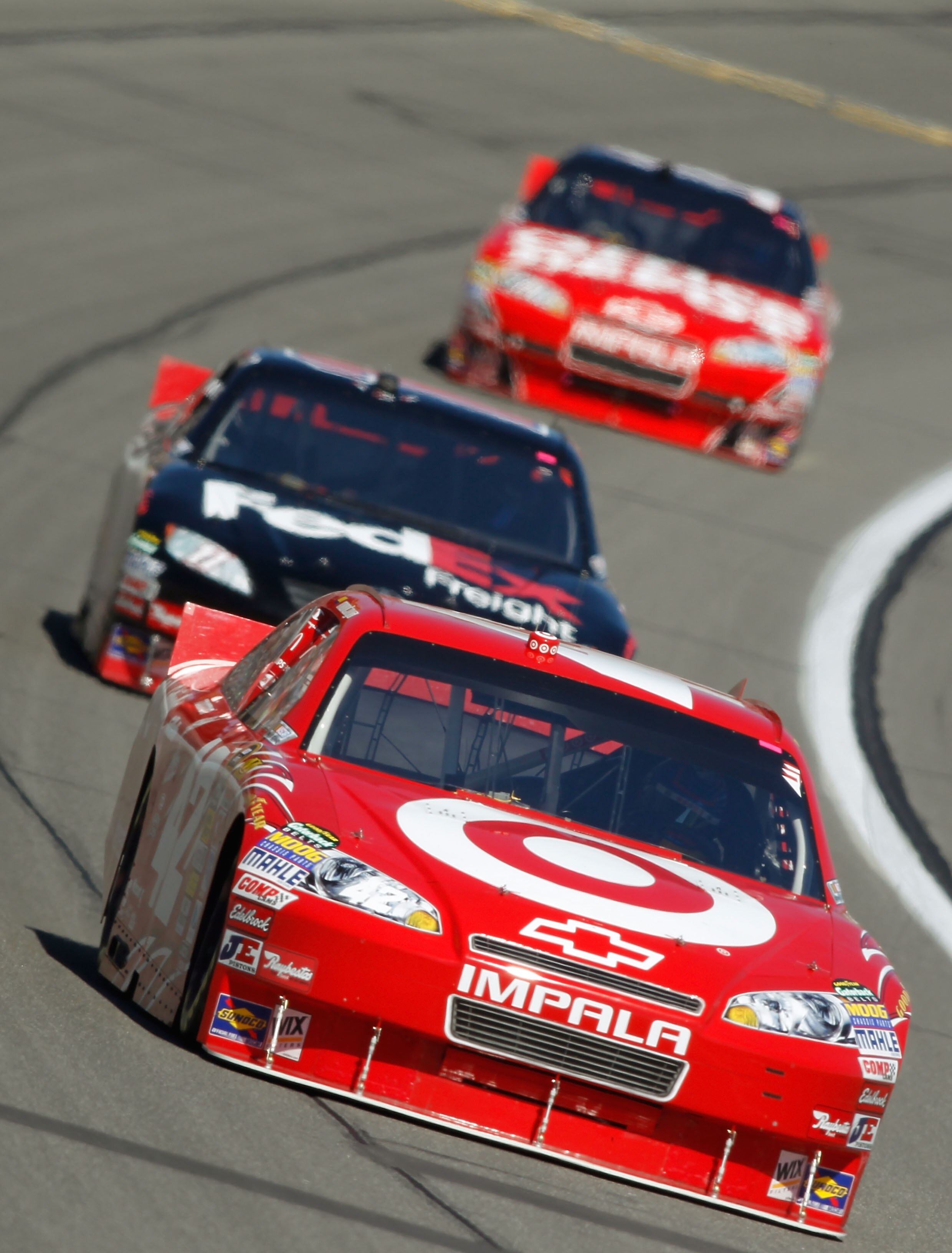 KANSAS CITY, KS - OCTOBER 03:  Juan Pablo Montoya, driver of the #42 Target Chevrolet, leads a line of cars during the NASCAR Sprint Cup Series Price Chopper 400 on October 3, 2010 in Kansas City, Kansas.  (Photo by Todd Warshaw/Getty Images)