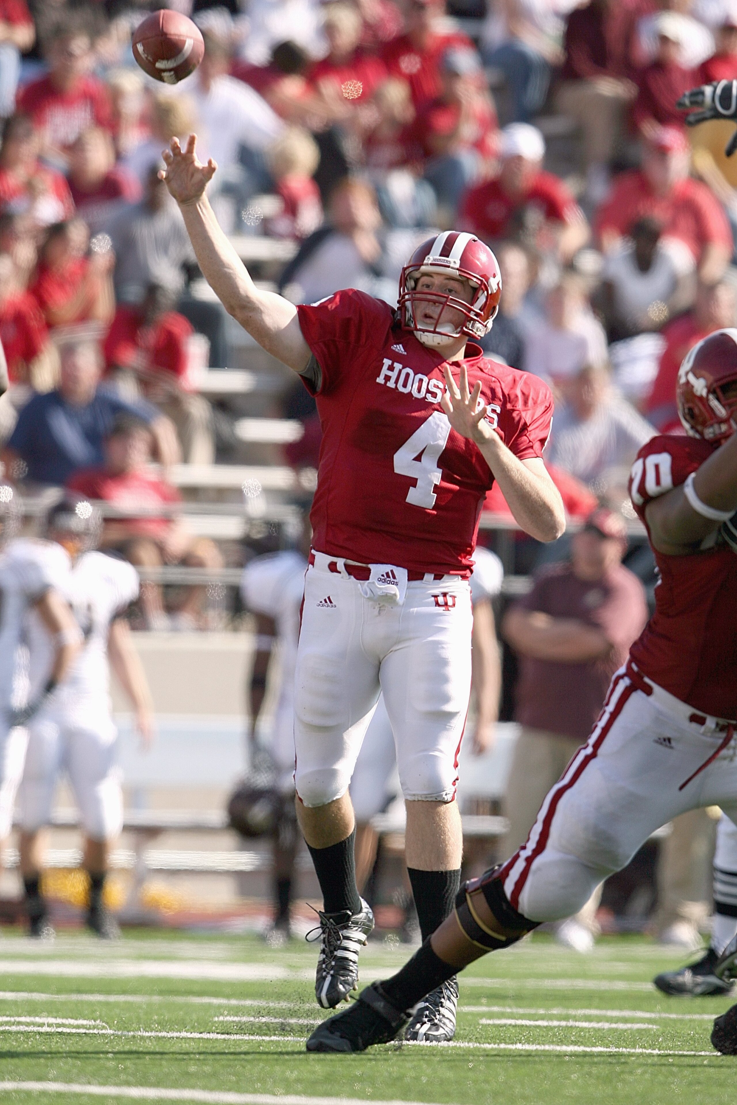 BLOOMINGTON, IN - NOVEMBER 01:  Quarterback Ben Chappell #4 of the Indiana Hooisers passes the ball downfield during the game against the Central Michigan Chippewas at Memorial Stadium on November 1, 2008 in Bloomington, Indiana.  (Photo by Andy Lyons/Get