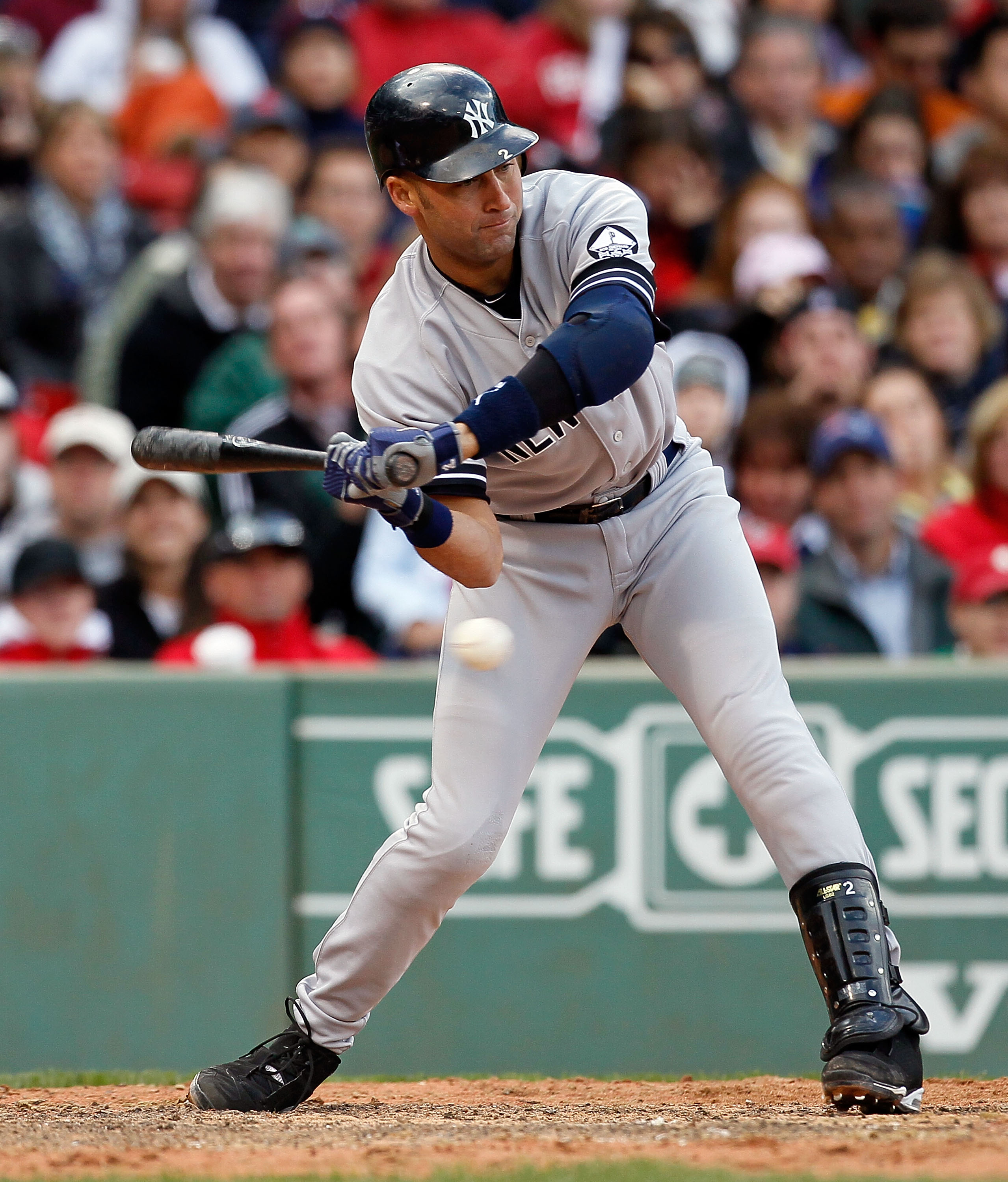 BOSTON - OCTOBER 3:  Derek Jeter #2 of the New York Yankees watches a called third strike during a game against the Boston Red Sox at Fenway Park, October 3, 2010, in Boston, Massachusetts. (Photo by Jim Rogash/Getty Images)