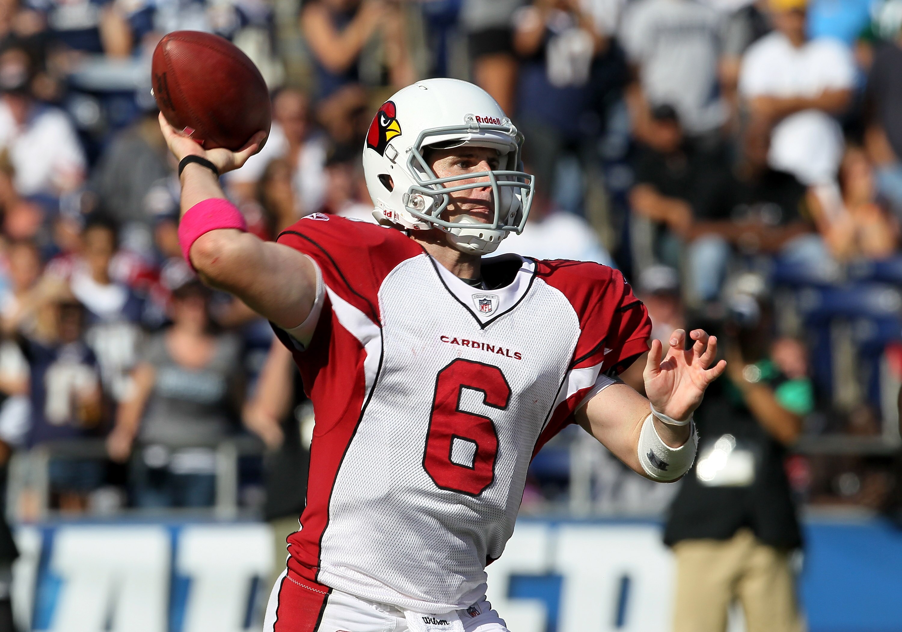 SAN DIEGO - OCTOBER 3:  Quarterback Max Hall #6 of the Arizona Cardinals throws a pass against the San Diego Chargers at Qualcomm Stadium on October 3, 2010 in San Diego, California.  The Chargers won 41-10.  (Photo by Stephen Dunn/Getty Images)
