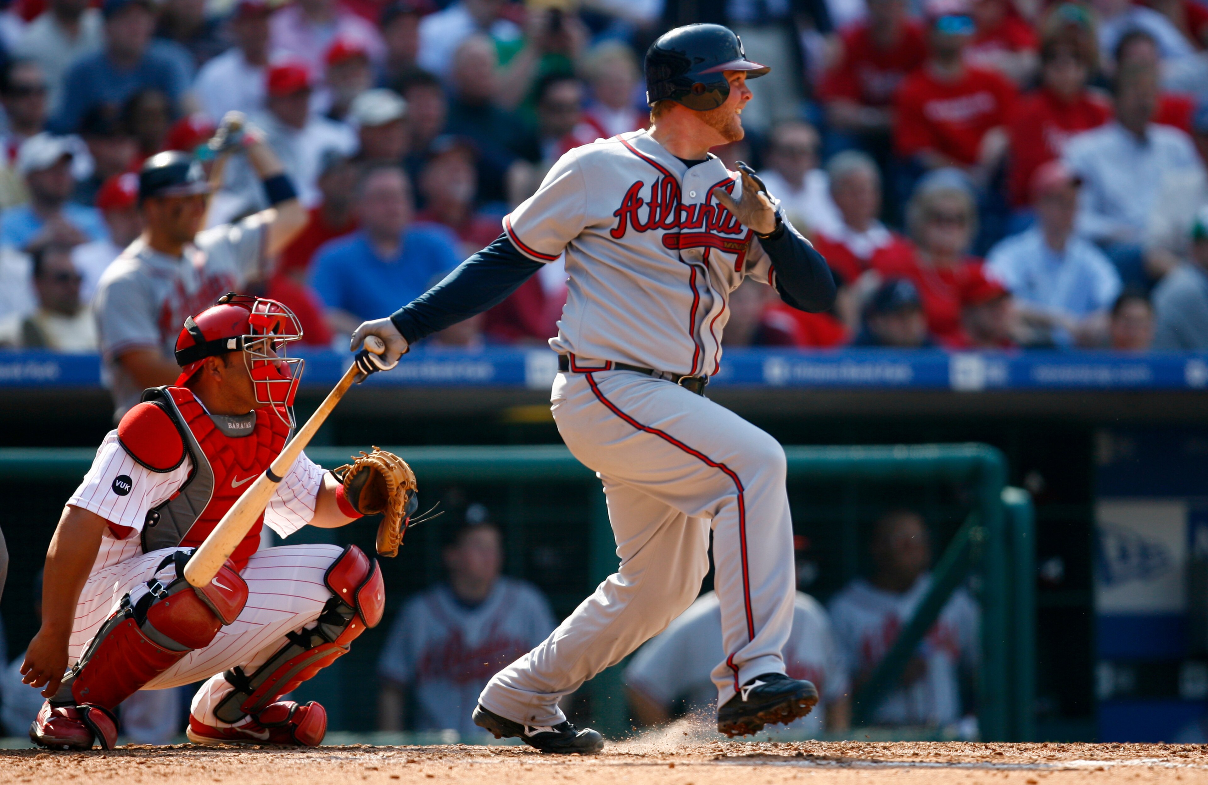 PHILADELPHIA, PA - APRIL 2:  Catcher Brian McCann #16 of the Atlanta Braves bats against the Philadelphia Phillies during a Opening Day game on April 2, 2007 at Citizens Bank Park in Philadelphia, Pennsylvania. (Photo by Rob Tringali/Getty Images)