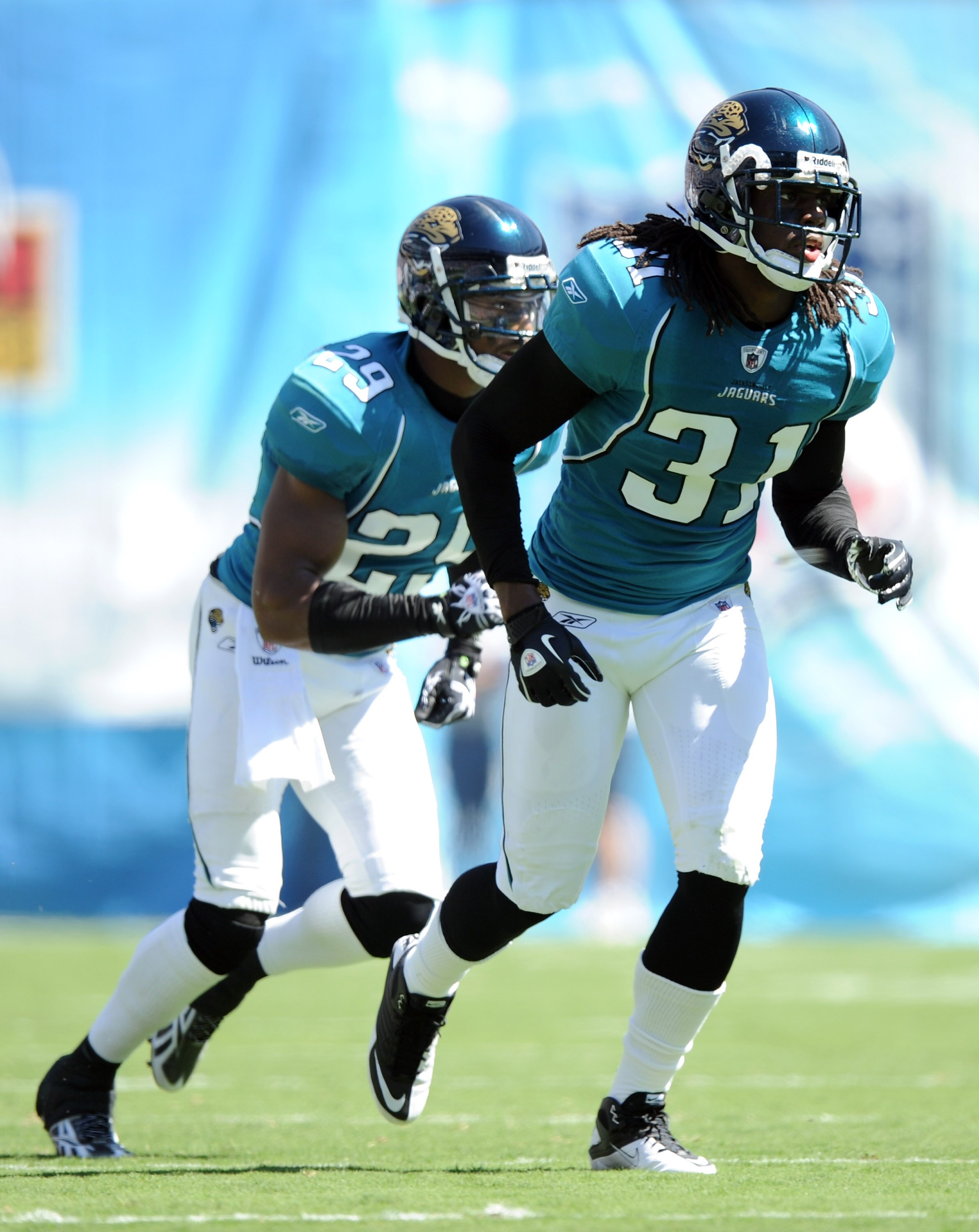 SAN DIEGO - SEPTEMBER 19:  David Jones #31 and William Middleton #29 of the Jacksonville Jaguars return to the field against the San Diego Chargers during the game at Qualcomm Stadium on September 19, 2010 in San Diego, California.  (Photo by Harry How/Ge