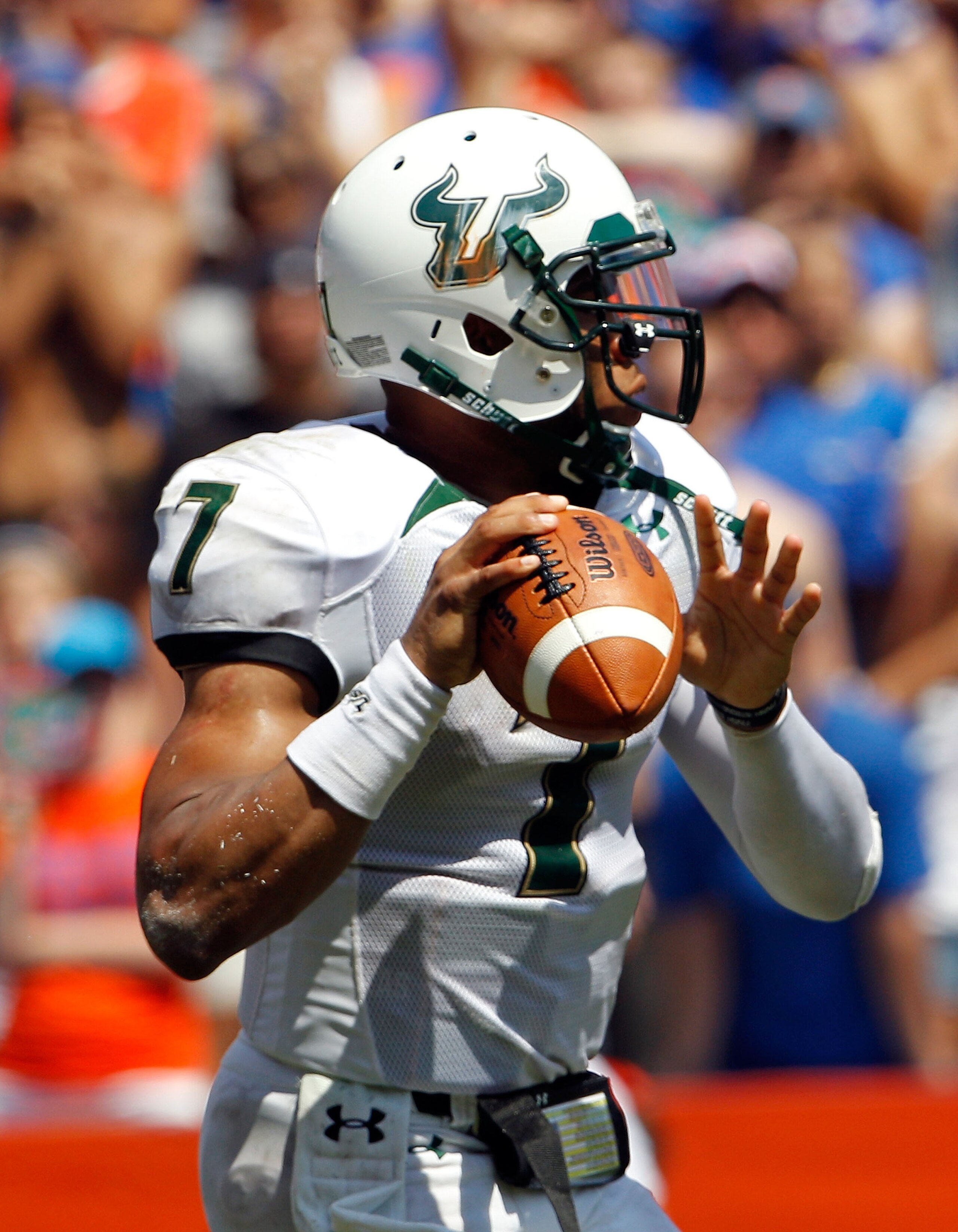 GAINESVILLE, FL - SEPTEMBER 11:  Quarterback B.J. Daniels #7 of the South Florida Bulls attempts a pass during a game against the Florida Gators at Ben Hill Griffin Stadium on September 11, 2010 in Gainesville, Florida.  (Photo by Sam Greenwood/Getty Imag