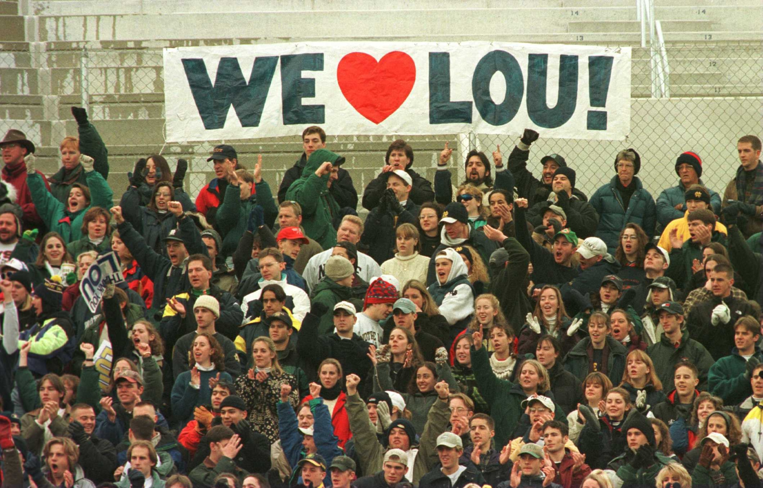 23 Nov 1996: Fans of the Notre Dame Fighting Irish sit in the Notre Dame student section display their affection for head coach Lou Holtz as he coaches his last home game in the Irish''s match up against the Rutgers Scarlet Knights at Notre Dame Stadium 23 Nov 1996: Fans of the Notre Dame Fighting Irish sit in the Notre Dame student section display their affection for head coach Lou Holtz as he coaches his last home game in the Irish''s match up against the Rutgers Scarlet Knights at Notre Dame Stadium