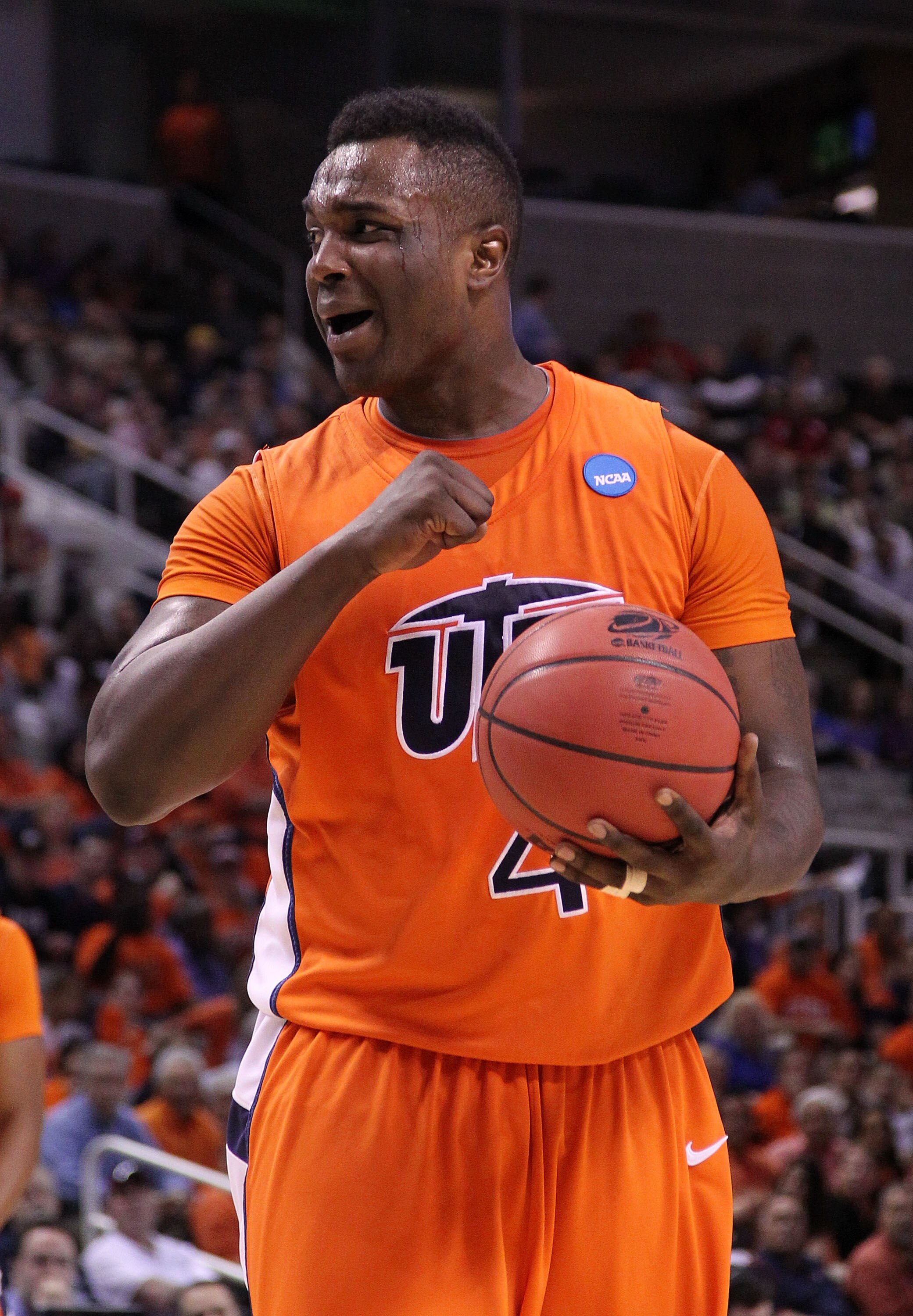 SAN JOSE, CA - MARCH 18:  Forward Derrick Caracter #4 of the UTEP Miners reacts to a play against the Butler Bulldogs during the first round of the 2010 NCAA men's basketball tournament at HP Pavilion on March 18, 2010 in San Jose, California.  (Photo by