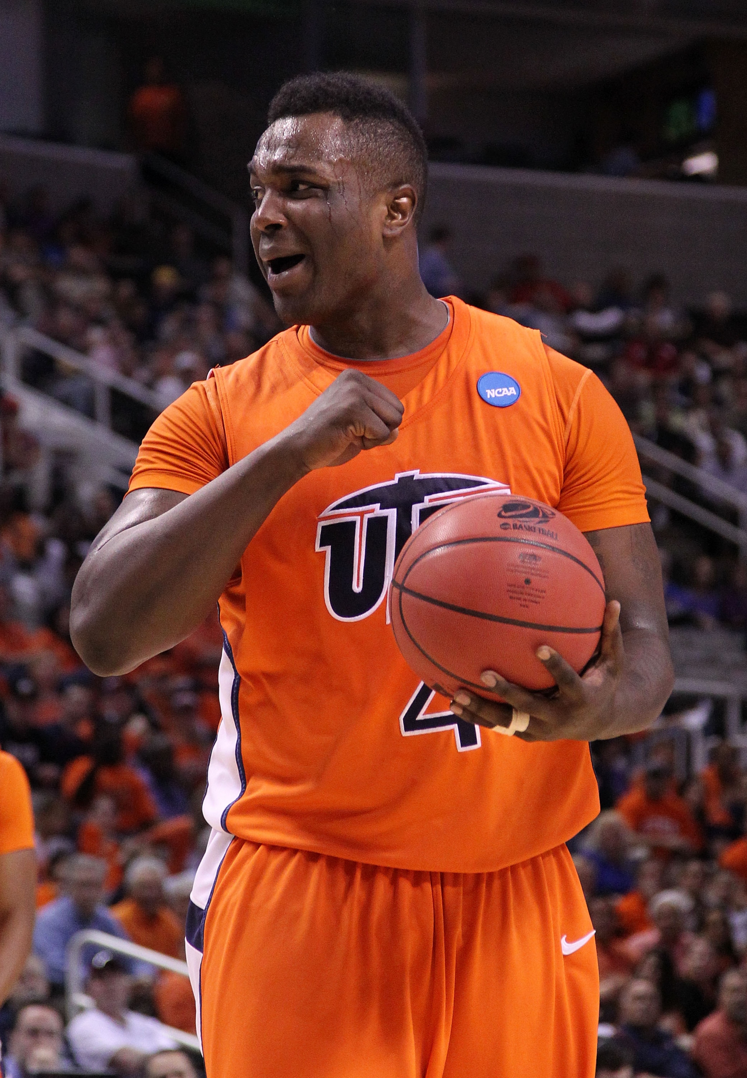 SAN JOSE, CA - MARCH 18:  Forward Derrick Caracter #4 of the UTEP Miners reacts to a play against the Butler Bulldogs during the first round of the 2010 NCAA men's basketball tournament at HP Pavilion on March 18, 2010 in San Jose, California.  (Photo by