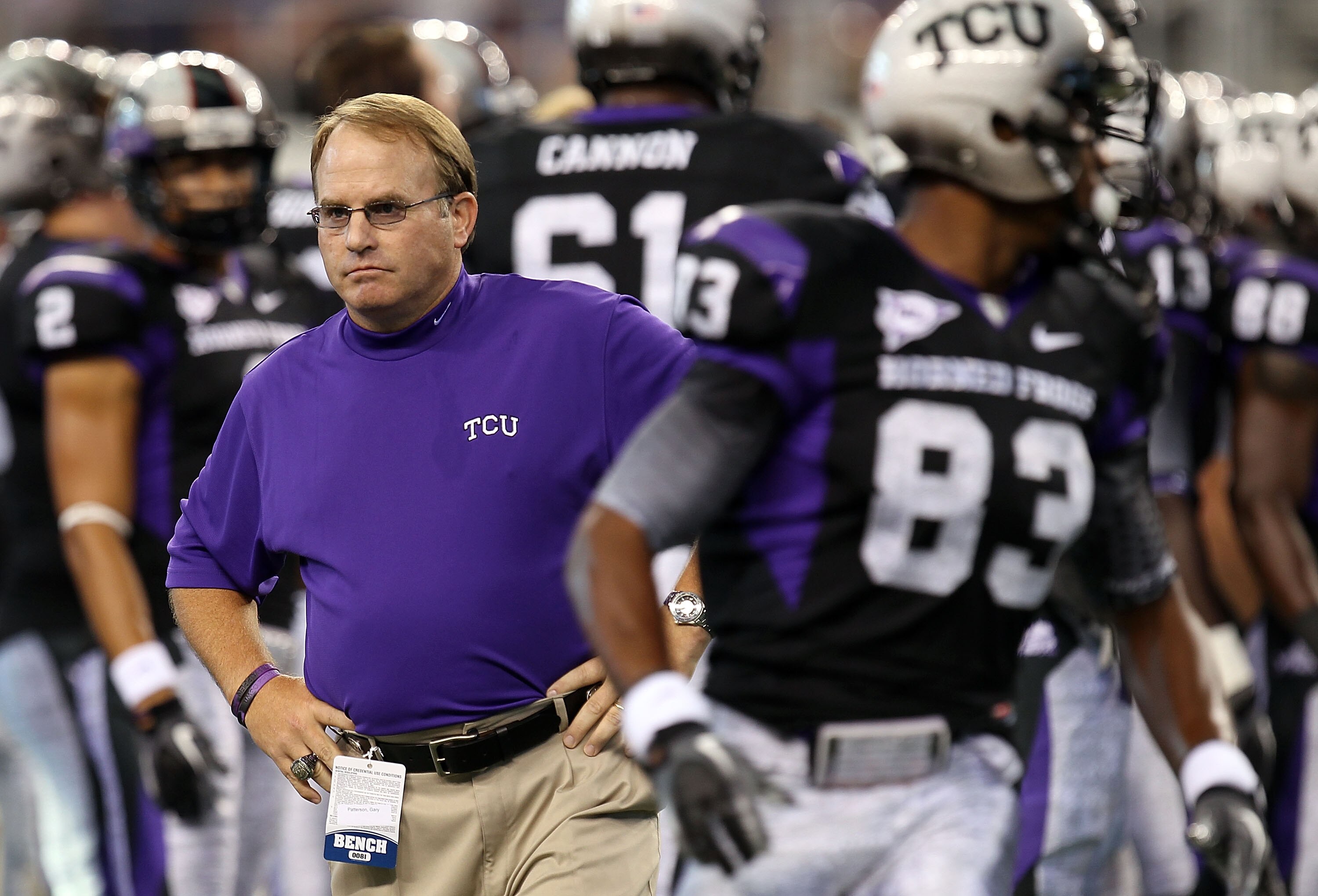 ARLINGTON, TX - SEPTEMBER 04:  Head coach Gary Patterson of the TCU Horned Frogs walks on the field before a game against the Oregon State Beavers at Cowboys Stadium on September 4, 2010 in Arlington, Texas.  (Photo by Ronald Martinez/Getty Images)