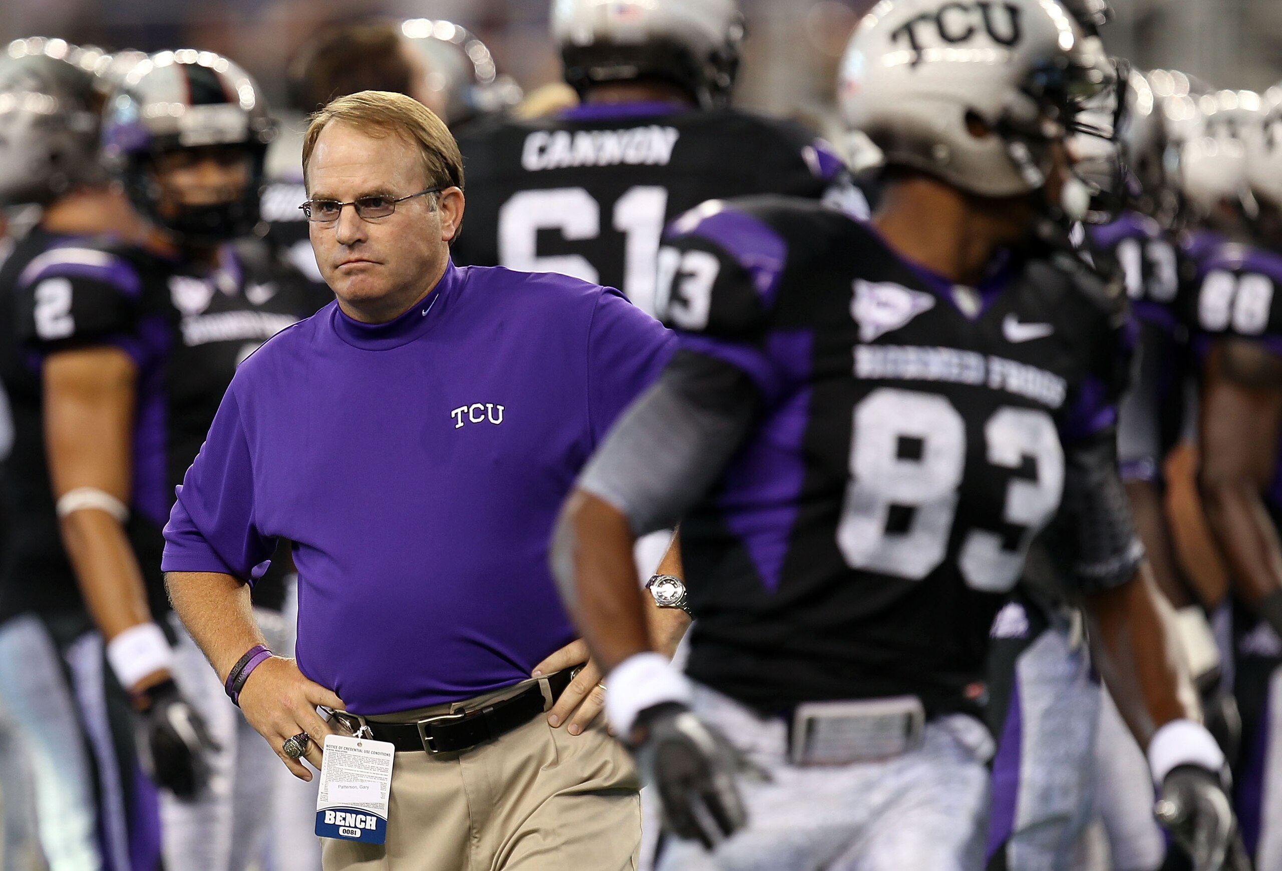ARLINGTON, TX - SEPTEMBER 04:  Head coach Gary Patterson of the TCU Horned Frogs walks on the field before a game against the Oregon State Beavers at Cowboys Stadium on September 4, 2010 in Arlington, Texas.  (Photo by Ronald Martinez/Getty Images)