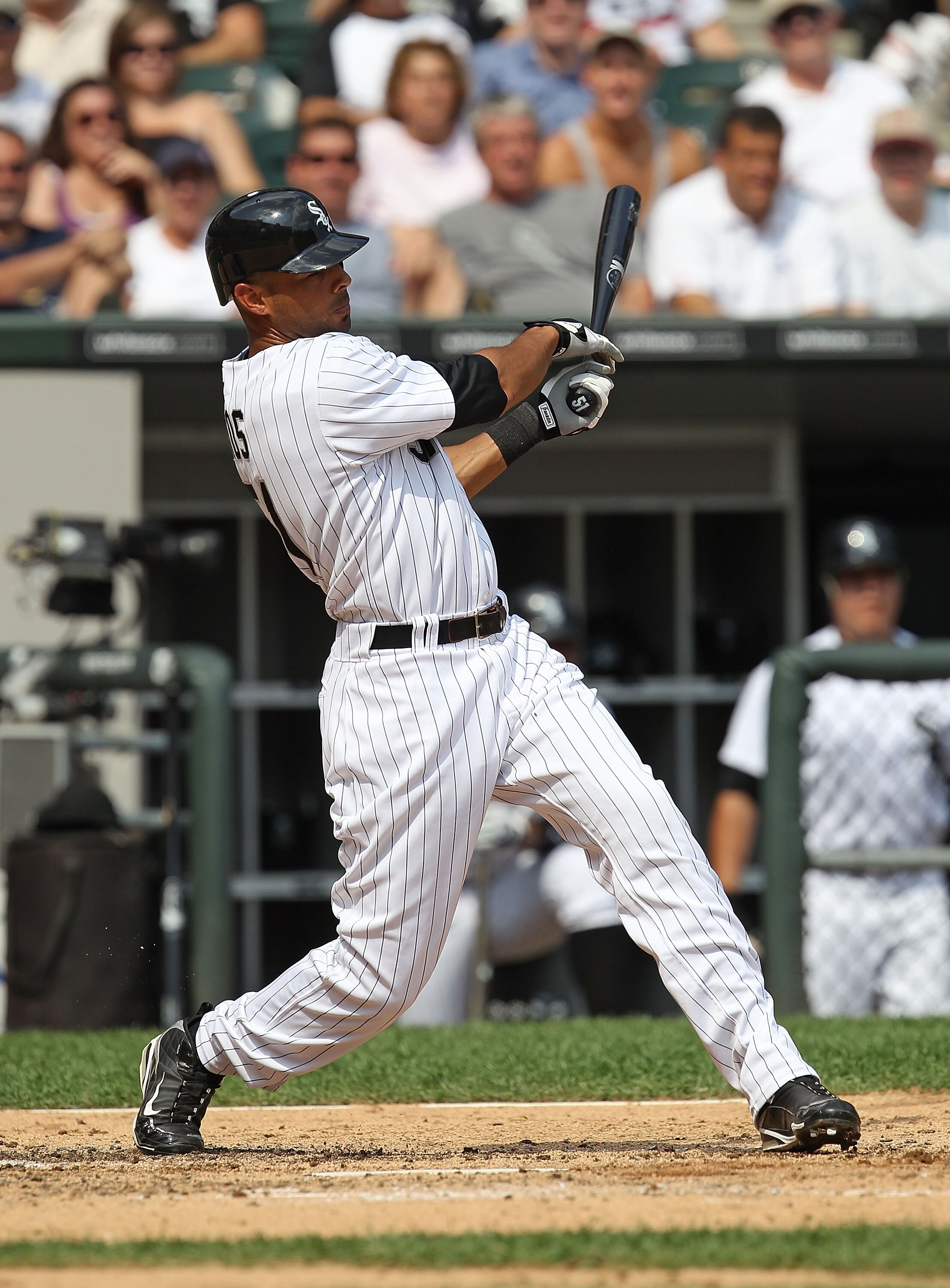 CHICAGO - AUGUST 29: Alex Rios #51 of the Chicago White Sox hits the ball against the New York Yankees at U.S. Cellular Field on August 29, 2010 in Chicago, Illinois. The Yankees defeated the White Sox 2-1. (Photo by Jonathan Daniel/Getty Images)