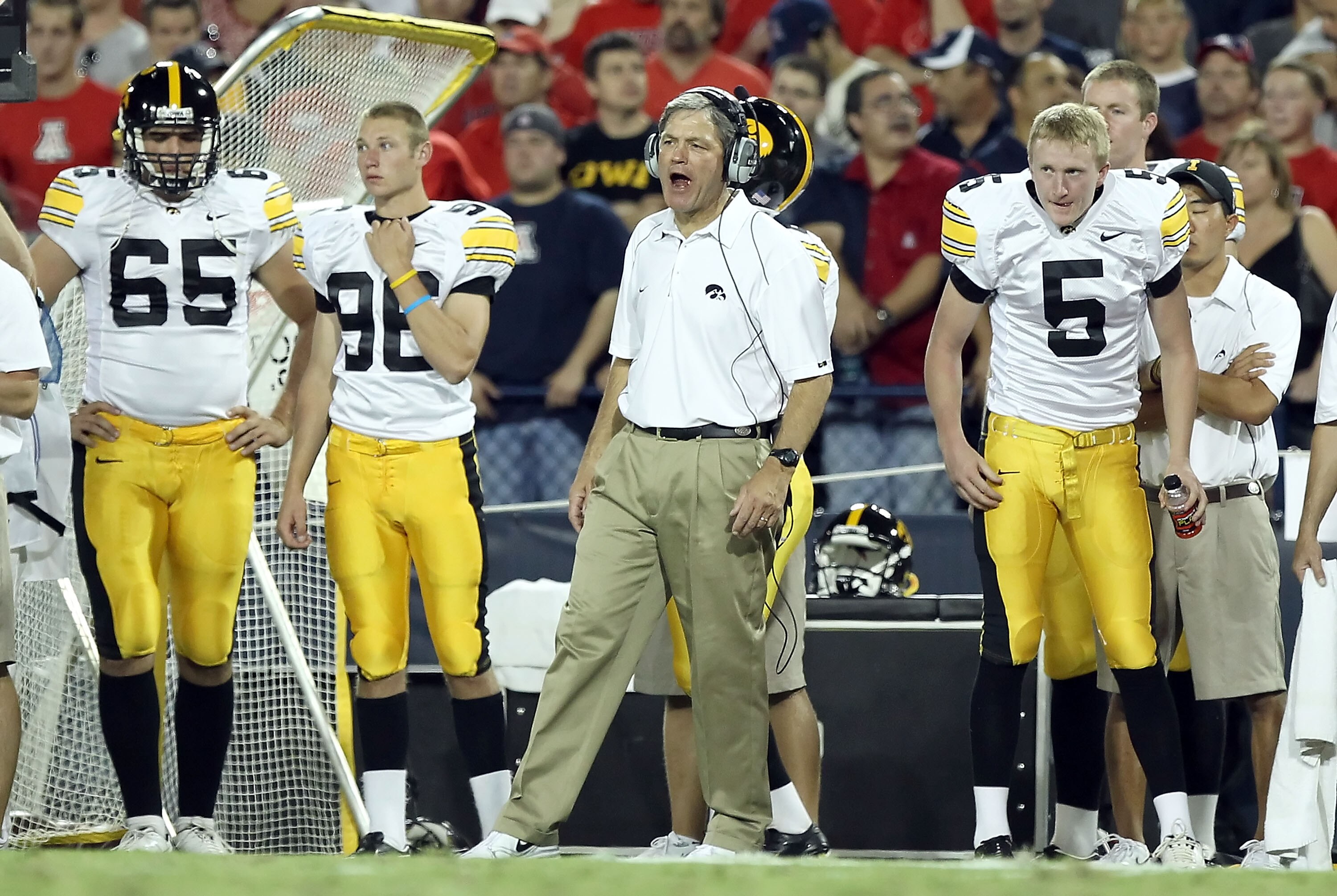TUCSON, AZ - SEPTEMBER 18:  Head coach Kirk Ferentz of the Iowa Hawkeyes watches during the college football game against the Arizona Wildcats at Arizona Stadium on September 18, 2010 in Tucson, Arizona. The Wildcats defeated the Hawkeyes 34-27.  (Photo b
