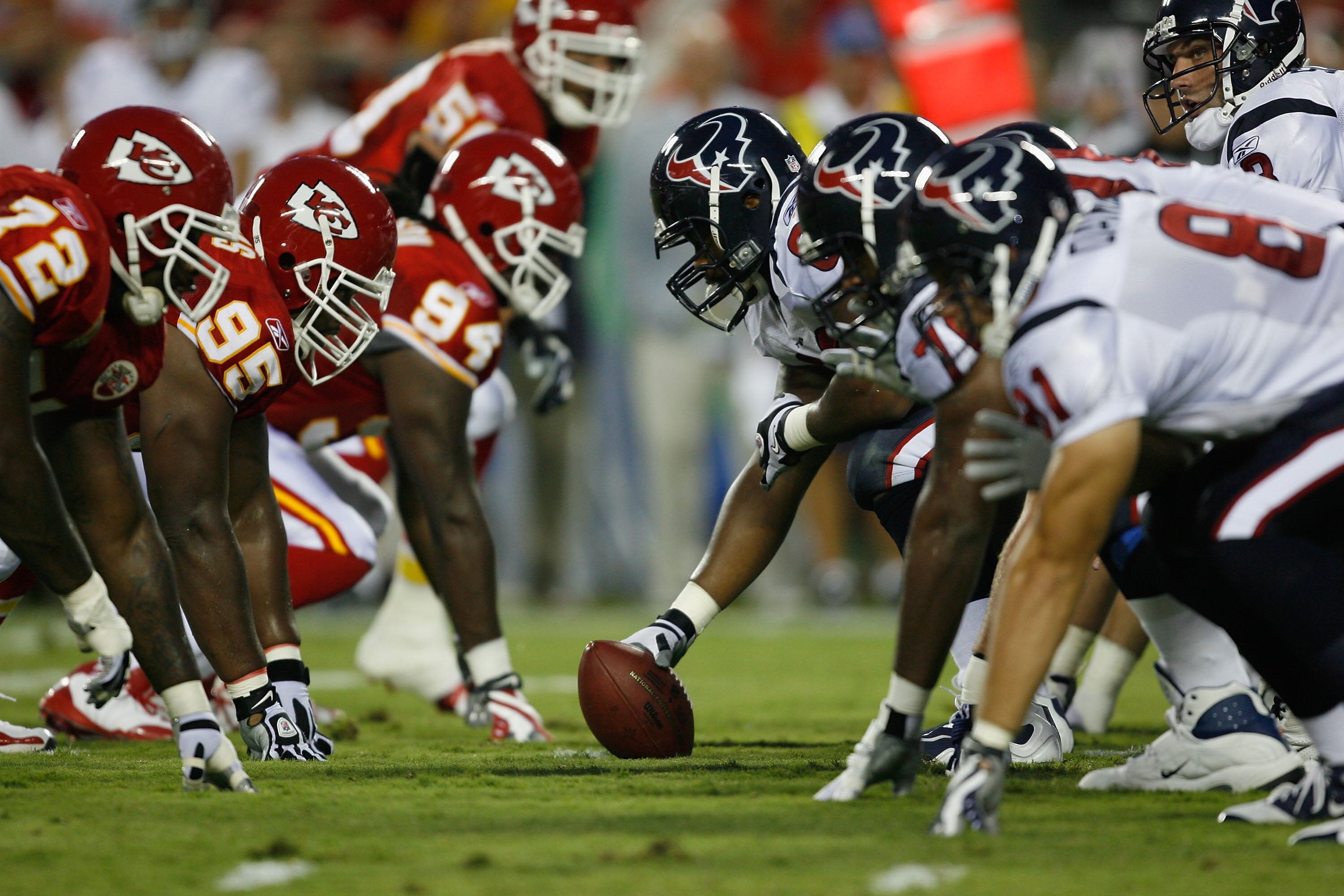 AUGUST 15, 2009 - KANSAS CITY, MO:  The Houston Texans offense lines up at the line of scrimmage against the Kansas City Chiefs defense during the preseason game at Arrowhead Stadium on August 15, 2009 in Kansas City, Missouri. (Photo by Dilip Vishwanat/G