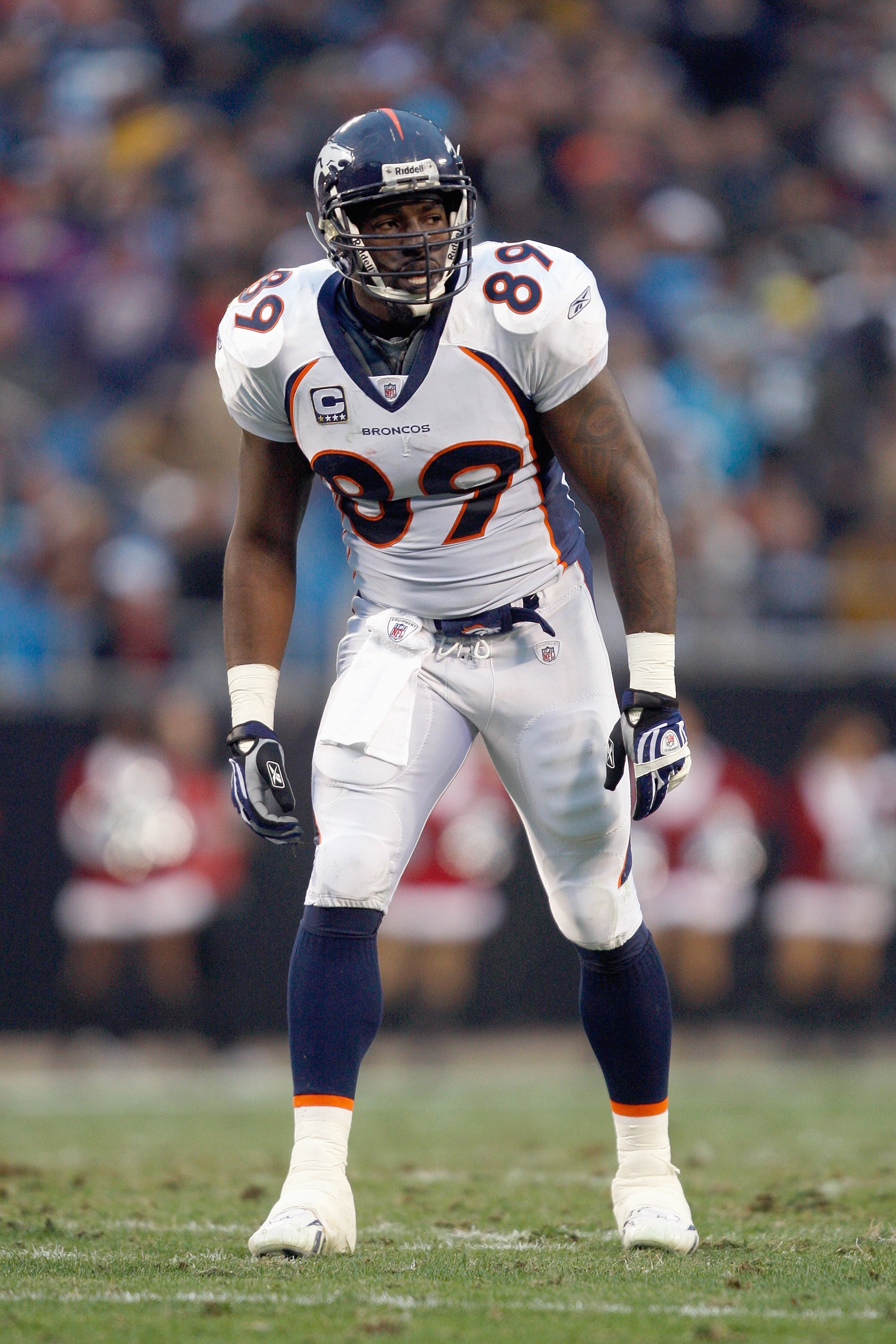 CHARLOTTE, NC - DECEMBER 14:  Daniel Graham #89 of the Denver Broncos gets ready to move at the snap during the game against the Carolina Panthers at Bank of America Stadium on December 14, 2008 in Charlotte, North Carolina. (Photo by: Streeter Lecka/Gett