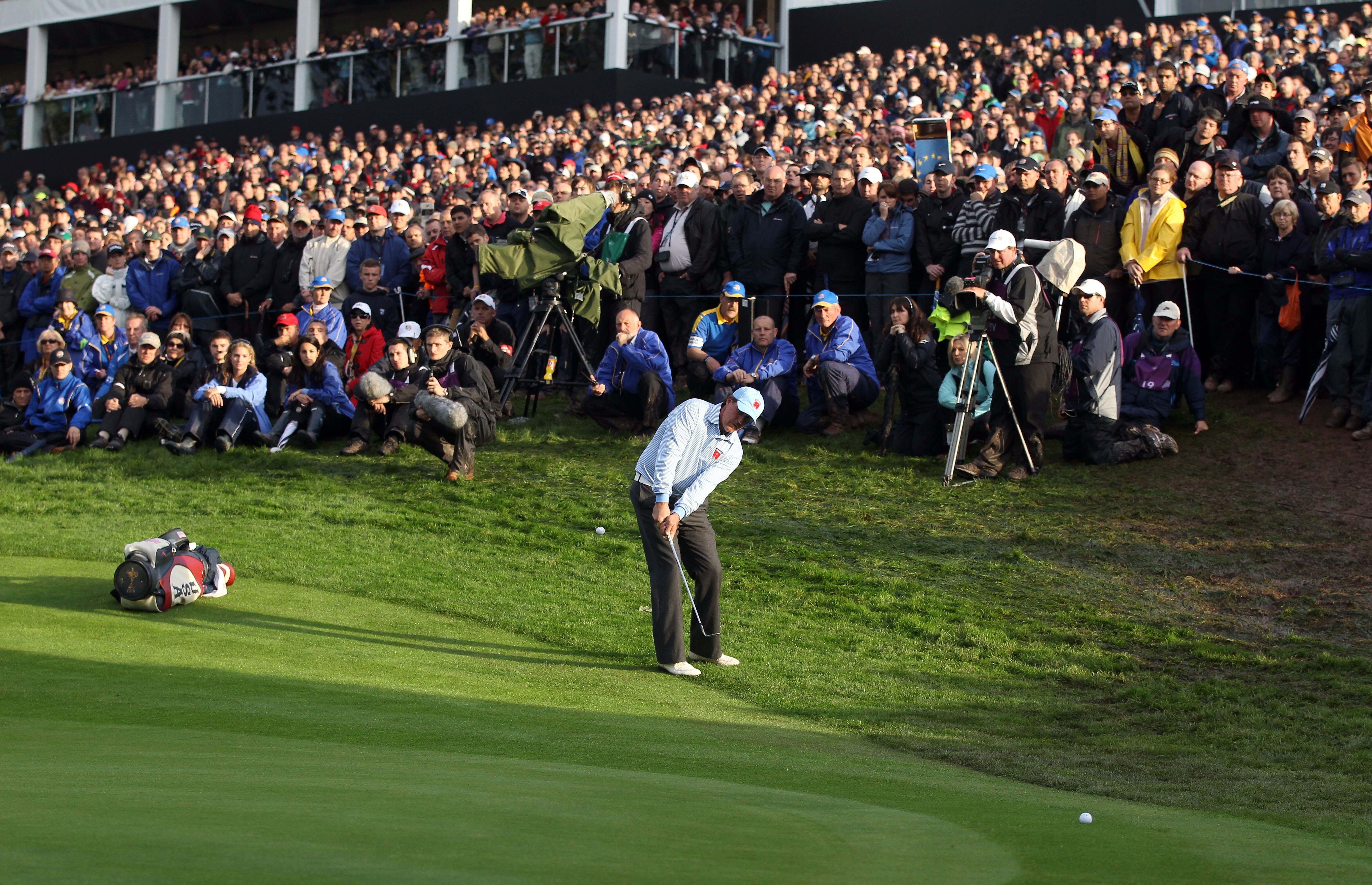 NEWPORT, WALES - OCTOBER 03:  Phil Mickelson of the USA hits a pitch shot during the Fourball & Foursome Matches during the 2010 Ryder Cup at the Celtic Manor Resort on October 3, 2010 in Newport, Wales.  (Photo by David Cannon/Getty Images)