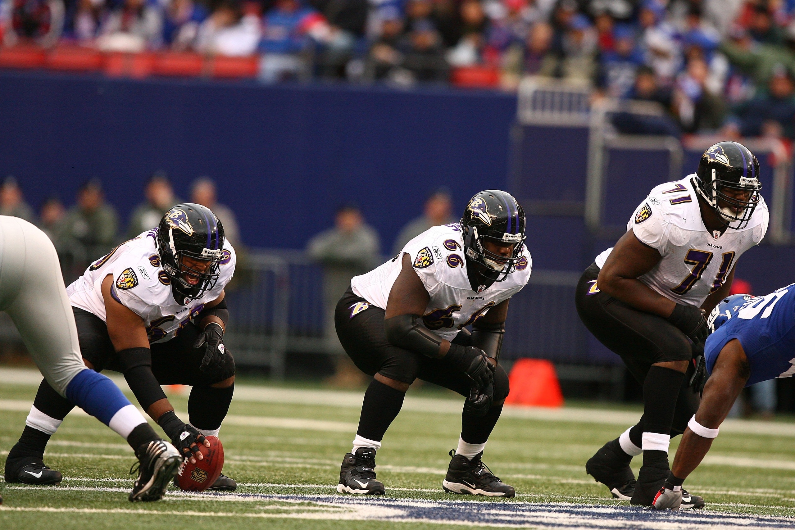 EAST RUTHERFORD, NJ - NOVEMBER 16:  Jason Brown #60, Ben Grubbs #66, and Jared Gaither #71 of the Baltimore Ravens in action against The New York Giants during their game on November 16, 2008 at Giants Stadium in East Rutherford, New Jersey.  (Photo by Al