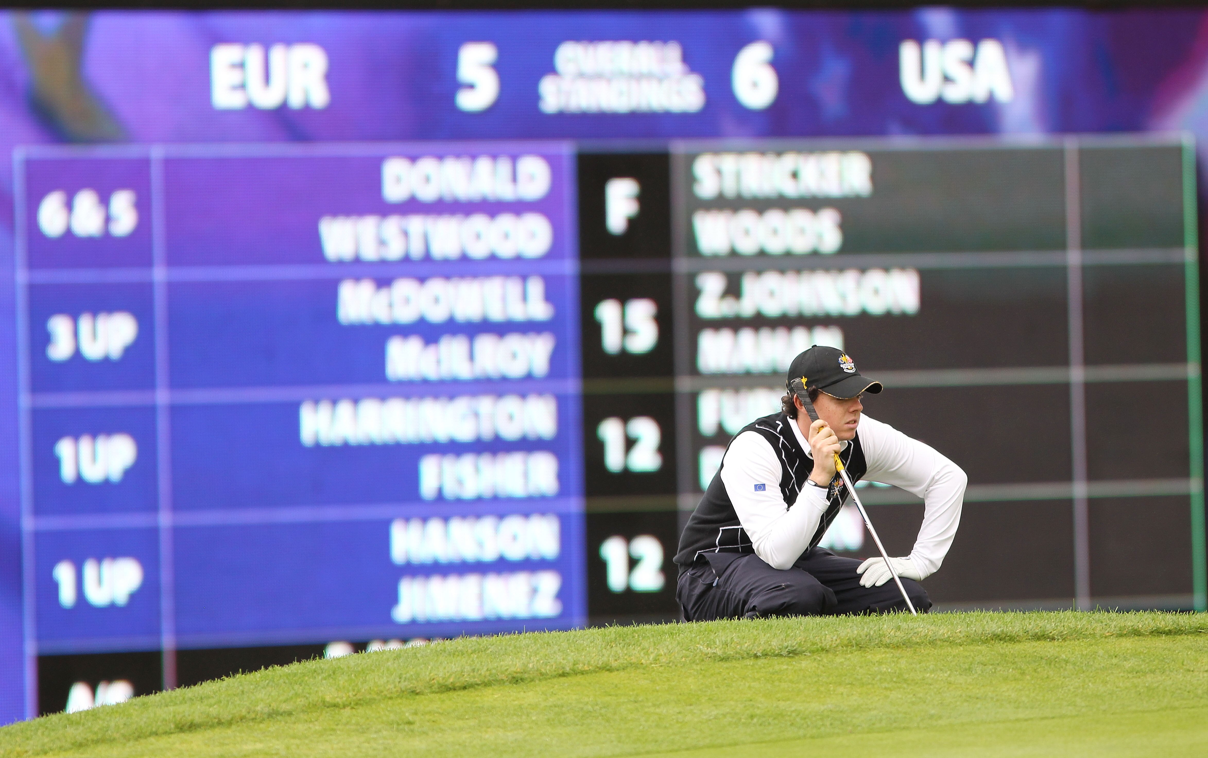 NEWPORT, WALES - OCTOBER 03:  Rory McIlroy of Europe celebrates lines up a putt on the 16th green during the Fourball & Foursome Matches during the 2010 Ryder Cup at the Celtic Manor Resort on October 3, 2010 in Newport, Wales.  (Photo by Jamie Squire/Get