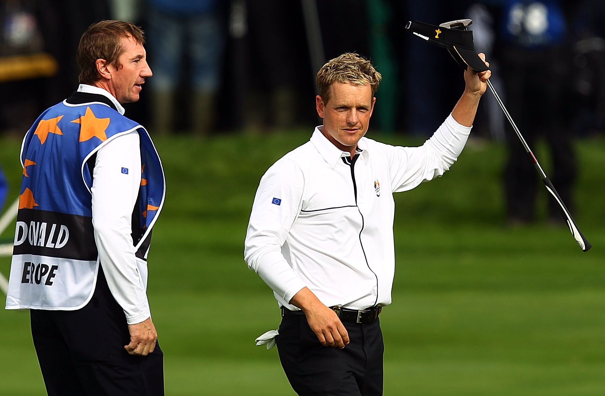 NEWPORT, WALES - OCTOBER 03:  Luke Donald (R) of Europe celebrates winning his match on the 13th green during the  Fourball & Foursome Matches during the 2010 Ryder Cup at the Celtic Manor Resort on October 3, 2010 in Newport, Wales.  (Photo by Richard He