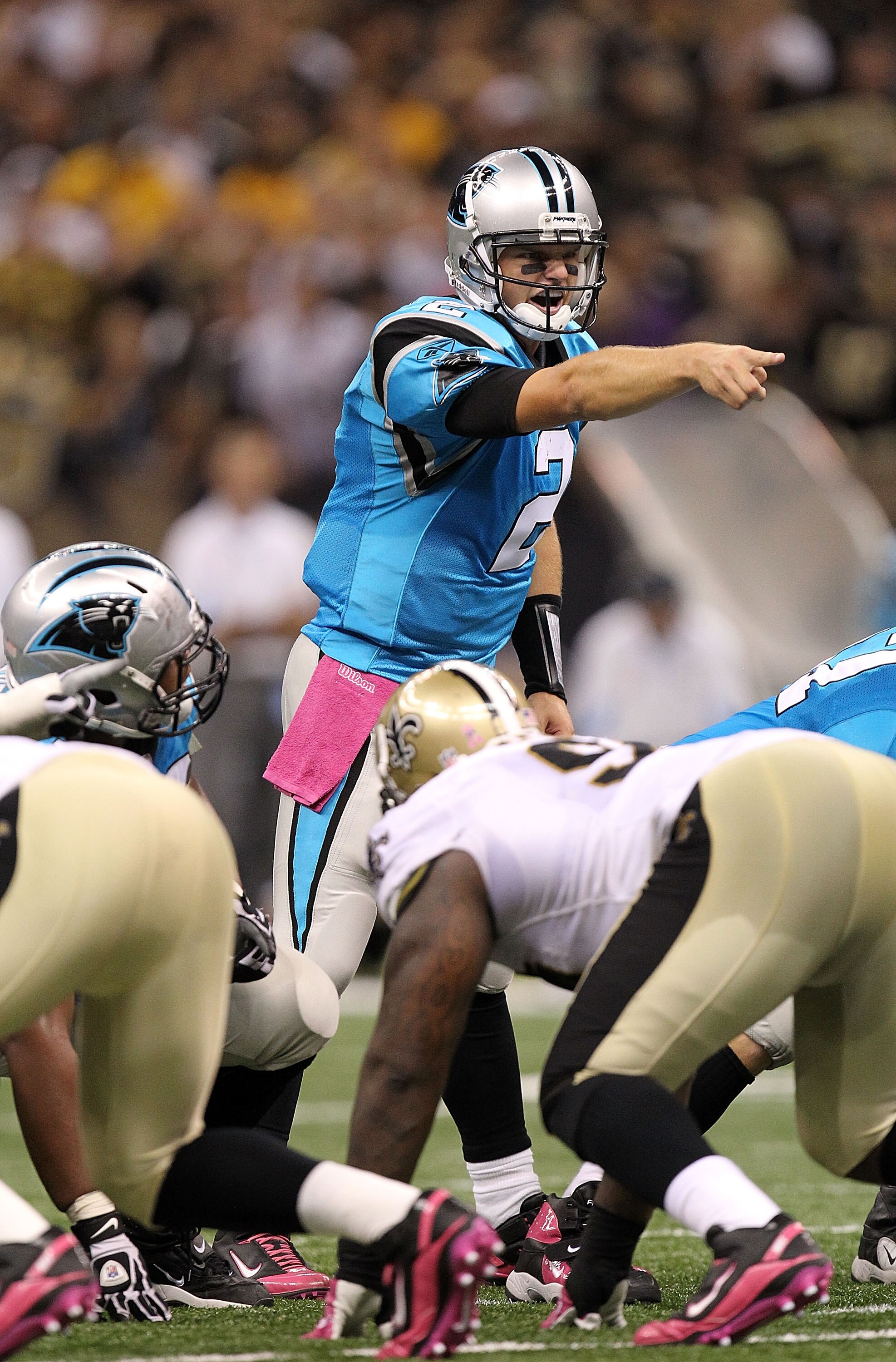 NEW ORLEANS - OCTOBER 03:  Quarterback Jimmy Clausen #2 of the Carolina Panthers during play against the New Orleans Saints at the Louisiana Superdome on October 3, 2010 in New Orleans, Louisiana.  (Photo by Ronald Martinez/Getty Images)