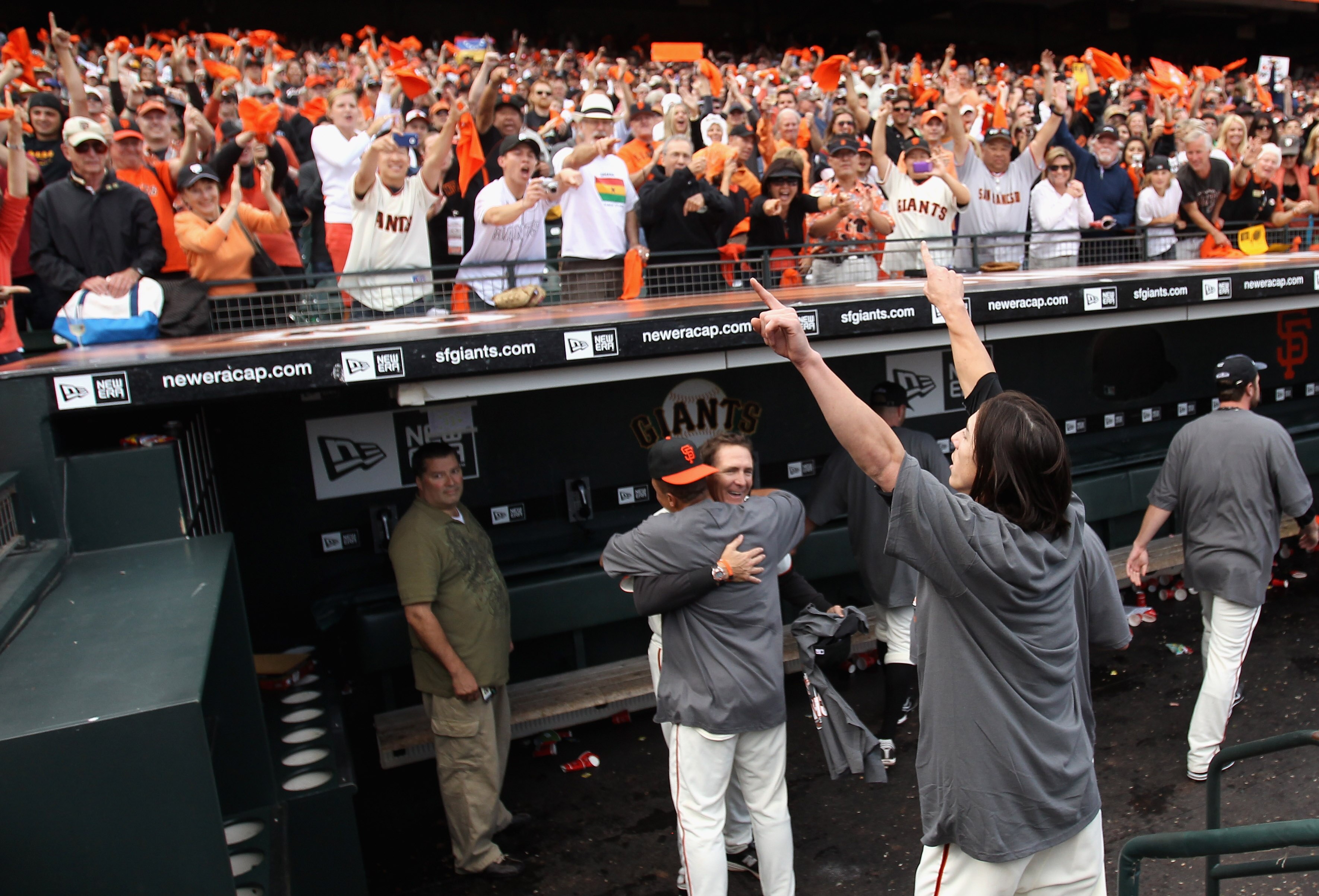 SAN FRANCISCO - OCTOBER 03:  Tim Lincecum #55 of the San Francisco Giants celebrates after they beat the San Diego Padres to win the National League West Title at AT&T Park on October 3, 2010 in San Francisco, California.  (Photo by Ezra Shaw/Getty Images