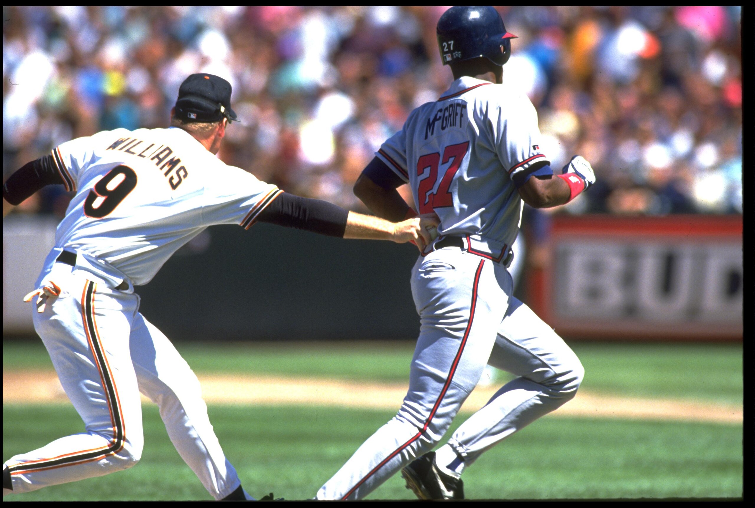 24 AUG 1993:  SAN FRANCISCO GIANTS THIRD BASEMAN MATT WILLIAMS (LEFT) TAGS OUT ATLANTA BRAVES FIRST BASEMAN FRED MCGRIFF DURING THE GIANTS GAME AT CANDLESTICK PARK IN SAN FRANCISCO, CALIFORNIA.  MANDATORY CREDIT:  OTTO GREULE/ALLSPORT