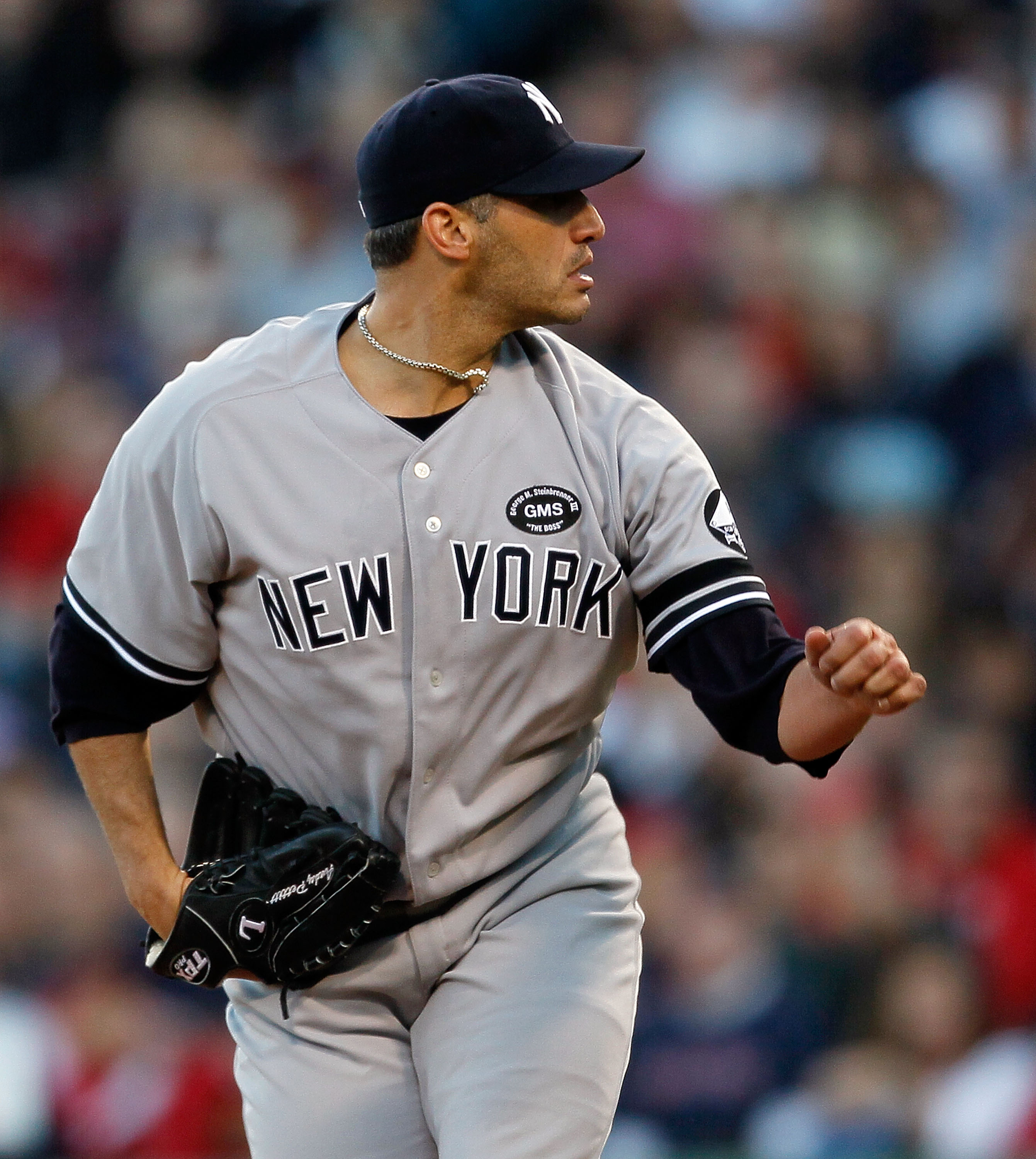 BOSTON - OCTOBER 2:  Andy Pettitte #46 of the New York Yankees reacts after striking out David Ortiz #34 of the Boston Red Sox with men on base during the first game of a doubleheader at Fenway Park October 2, 2010 in Boston, Massachusetts. (Photo by Jim