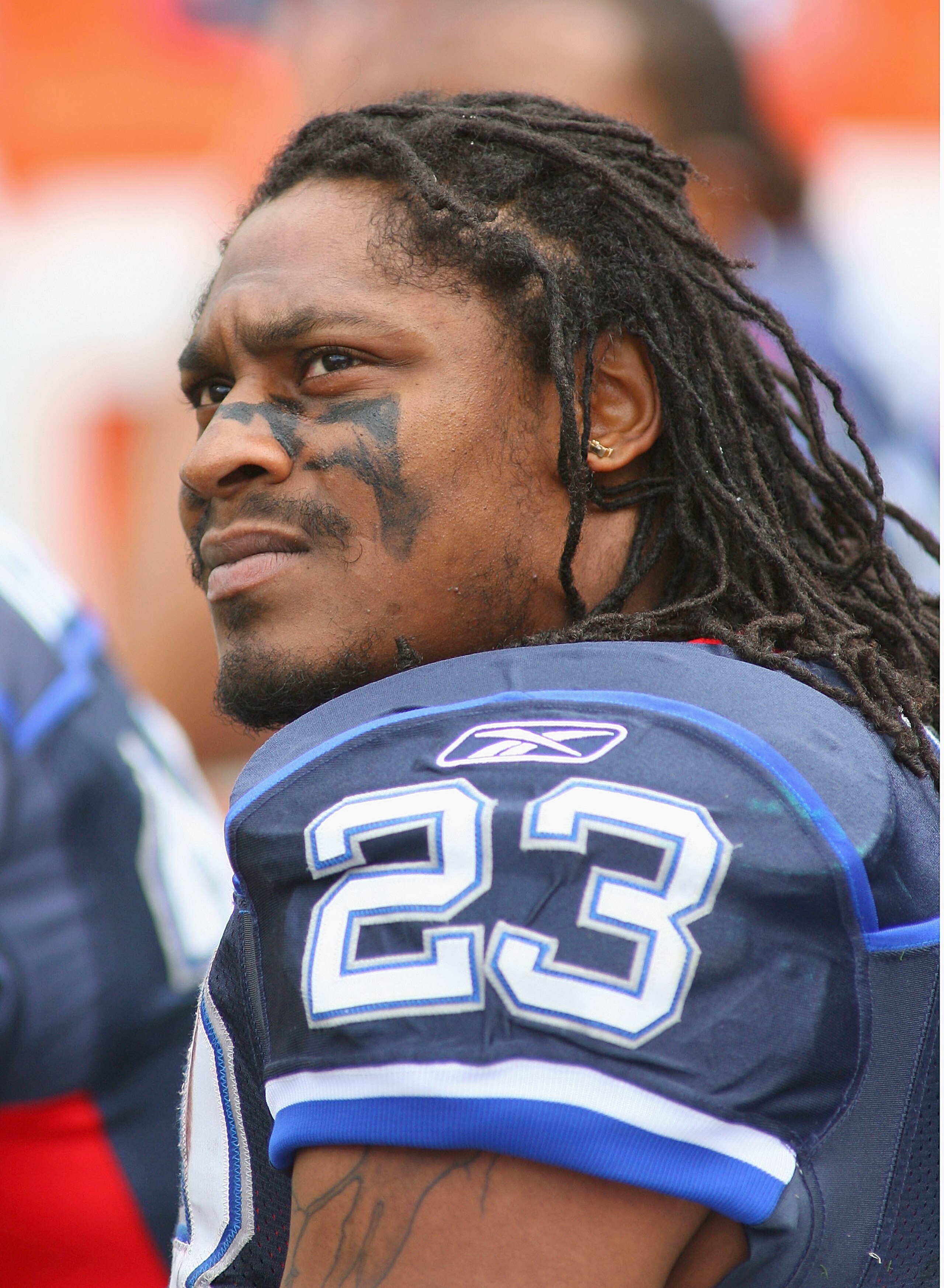 ORCHARD PARK, NY - SEPTEMBER 12: Marshawn Lynch #23 of the Buffalo Bills sits on the bench during the NFL season opener the Miami Dolphins  at Ralph Wilson Stadium on September 12, 2010 in Orchard Park, New York. Miami won 15-10. (Photo by Rick Stewart/Ge