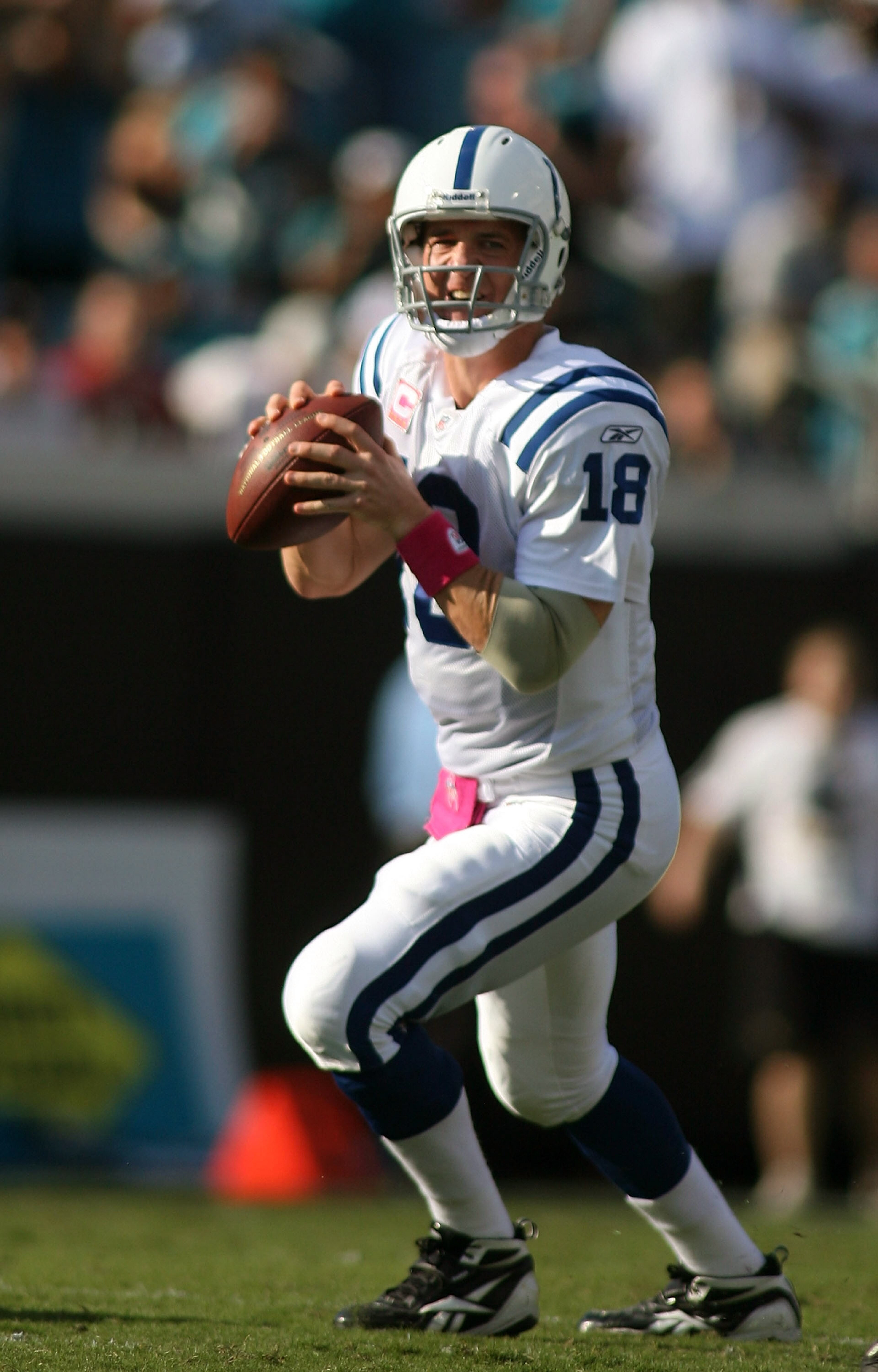 JACKSONVILLE, FL - OCTOBER 03:  Quarterback Peyton Manning #18 of the Indianapolis Colts throws while taking on the Jacksonville Jaguars at EverBank Field on October 3, 2010 in Jacksonville, Florida.  (Photo by Marc Serota/Getty Images)