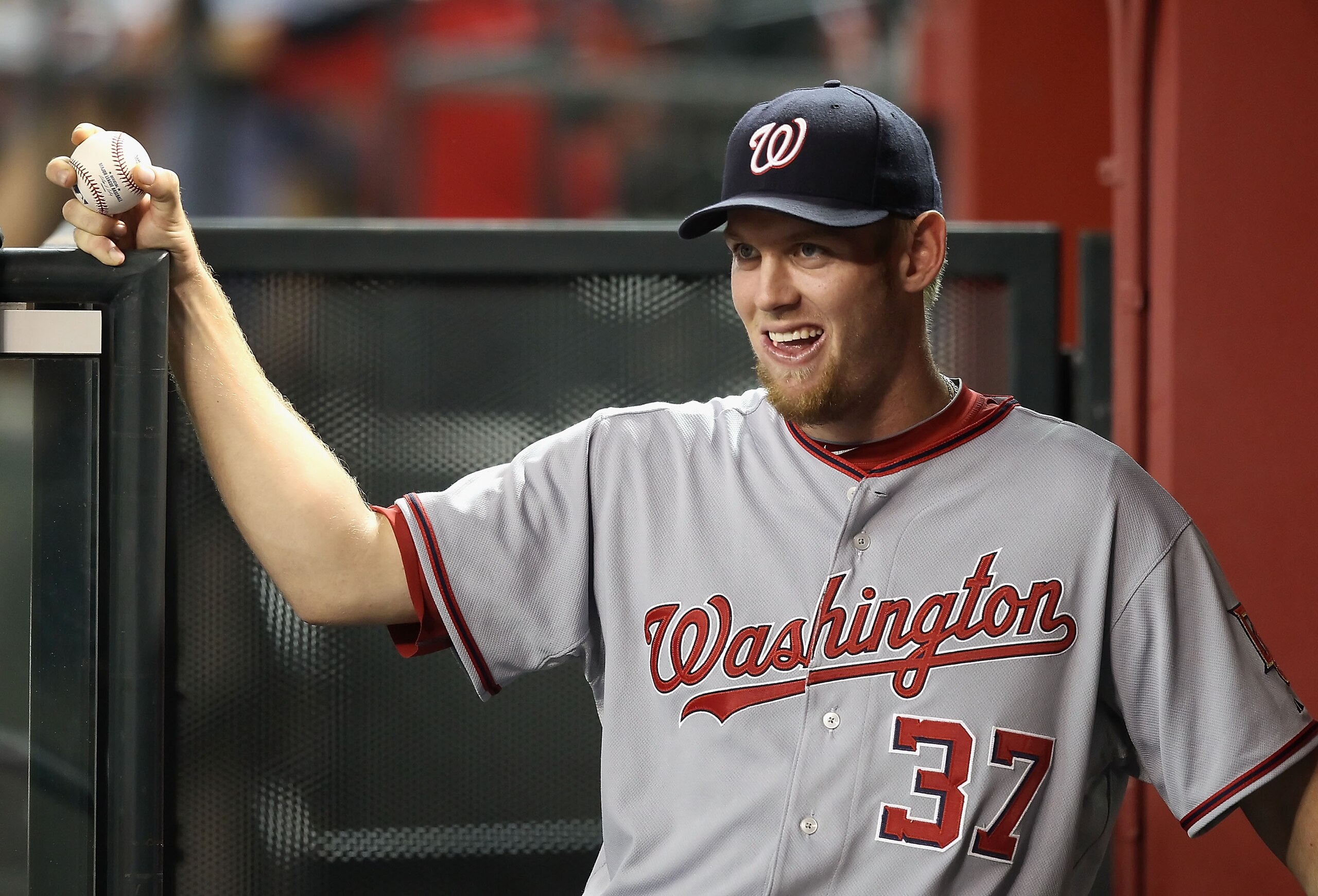 PHOENIX - AUGUST 04:  Pitcher Stephen Strasburg #37 of the Washington Nationals sits in the dugout during the Major League Baseball game against the Arizona Diamondbacks at Chase Field on August 4, 2010 in Phoenix, Arizona.  The Nationals defeated the Dia