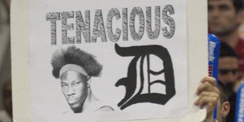 AUBURN HILLS, MI - JUNE 4:  A fan of the Detroit Pistons holds up a sign that reads 'Tenacious D' against the Miami Heat in Game Six of the Eastern Conference Finals during the 2005 NBA Playoffs June 4, 2005 at the Palace At Auburn Hills in Auburn Hills,