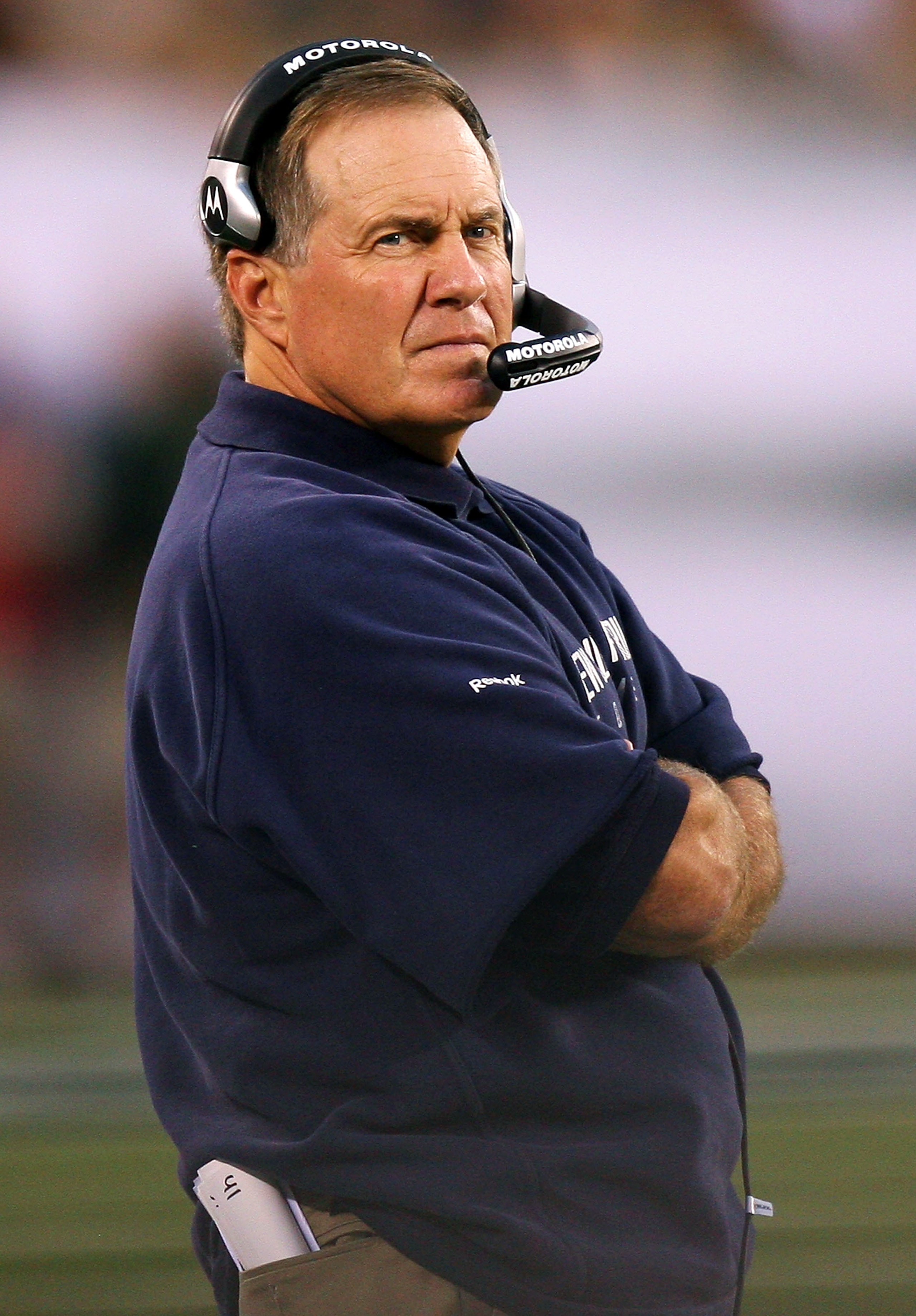 EAST RUTHERFORD, NJ - SEPTEMBER 19: Coach Bill Belichick of the New England Patriots is seen during a game against the New York Jets at the New Meadowlands Stadium on September 19, 2010 in East Rutherford, New Jersey. The Jets defeated the Patriots 28 - EAST RUTHERFORD, NJ - SEPTEMBER 19: Coach Bill Belichick of the New England Patriots is seen during a game against the New York Jets at the New Meadowlands Stadium on September 19, 2010 in East Rutherford, New Jersey. The Jets defeated the Patriots 28 -
