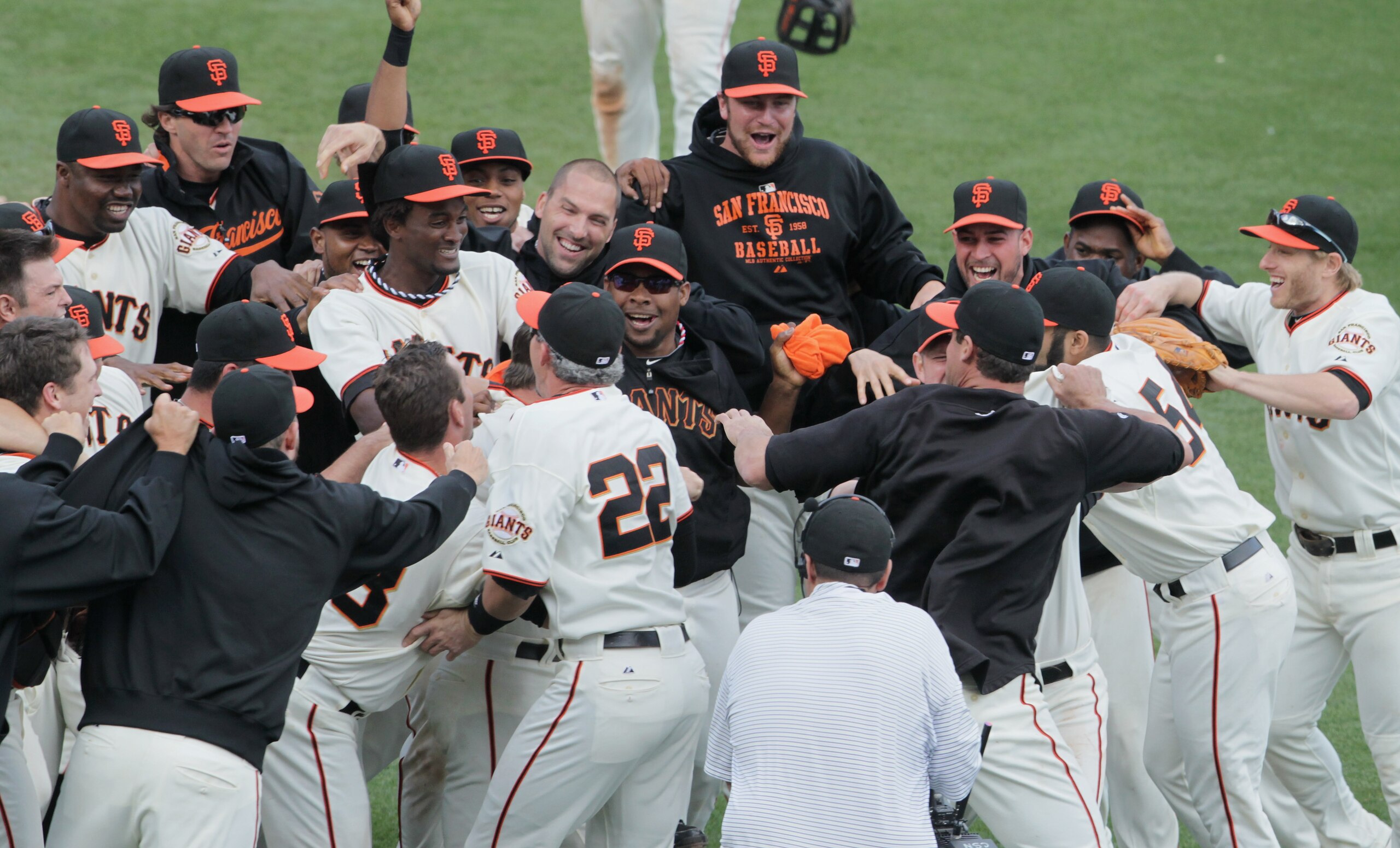 SAN FRANCISCO - OCTOBER 03:  San Francisco Giants players celebrate after clinching the National League West divsion against the San Diego Padres at AT&T Park on October 3, 2010 in San Francisco, California.  The Giants beat the Padres 3-0.  (Photo by Jus