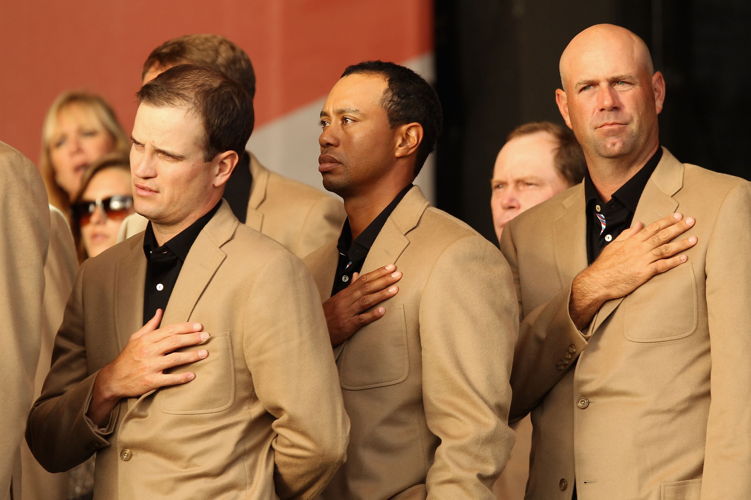 NEWPORT, WALES - OCTOBER 04:  USA Team members (L-R) Zach Johnson, Tiger Woods and Stewart Cink at the closing cermonies following Europe's 14.5 to 13.5 victory over the USA at the 2010 Ryder Cup at the Celtic Manor Resort on October 4, 2010 in Newport, W