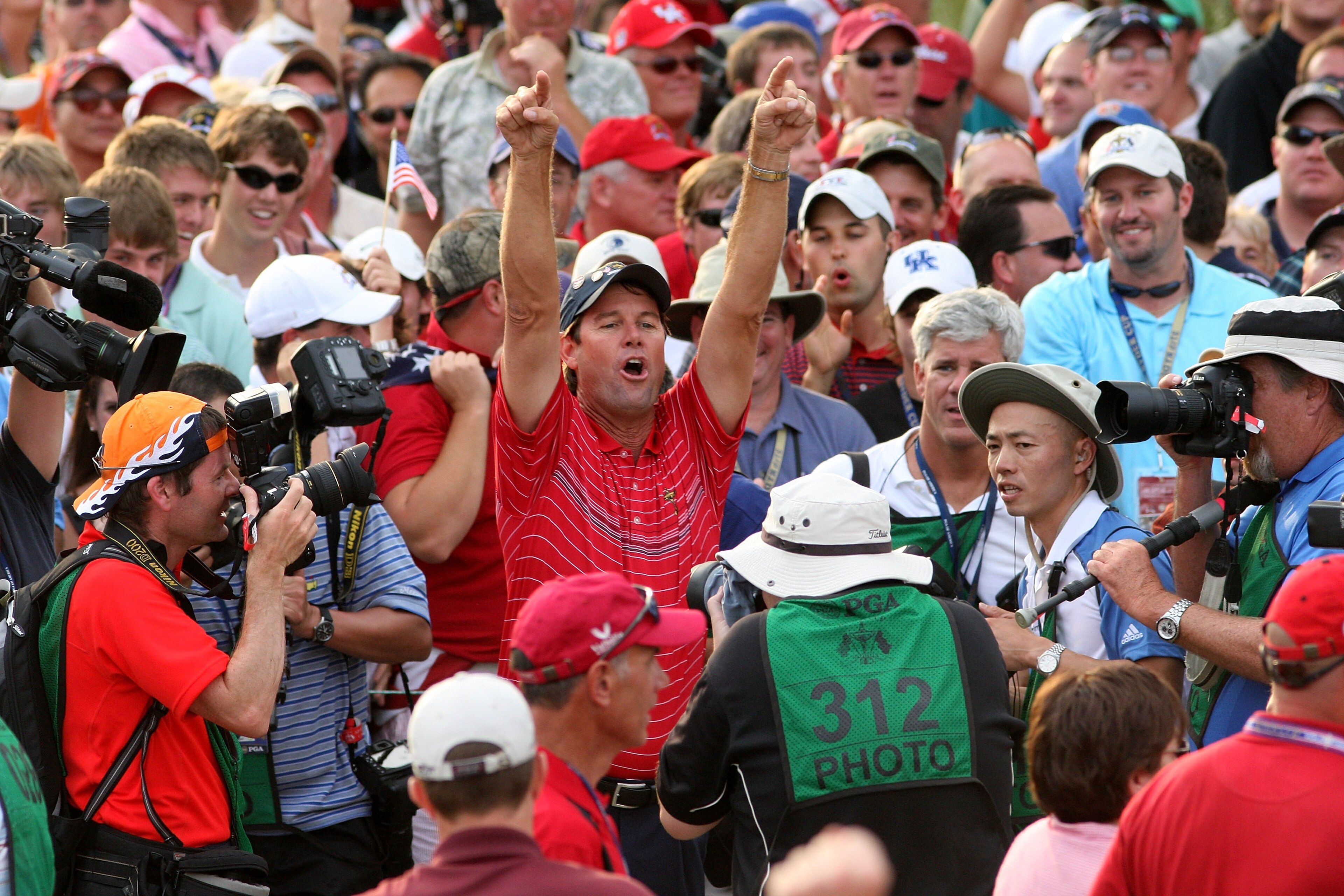 LOUISVILLE, KY - SEPTEMBER 21:  Captain Paul Azinger of the USA team celebrates in front of the media in honor of the USA 16 1/2 - 11 1/2 victory on the final day of the 2008 Ryder Cup at Valhalla Golf Club on September 21, 2008 in Louisville, Kentucky.