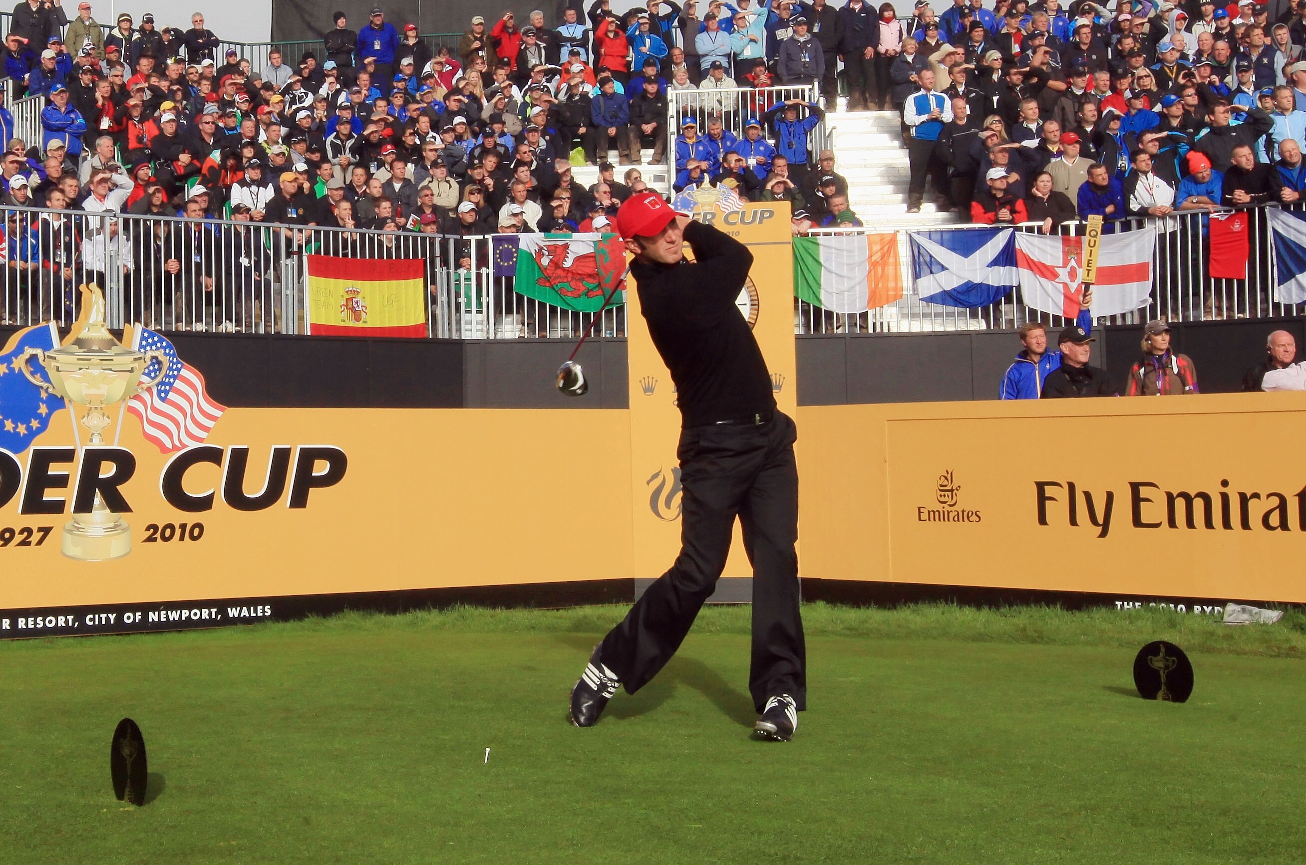 NEWPORT, WALES - OCTOBER 04:  Dustin Johnson of the USA tees off on the 1st hole in the singles matches during the 2010 Ryder Cup at the Celtic Manor Resort on October 4, 2010 in Newport, Wales. (Photo by David Cannon/Getty Images)