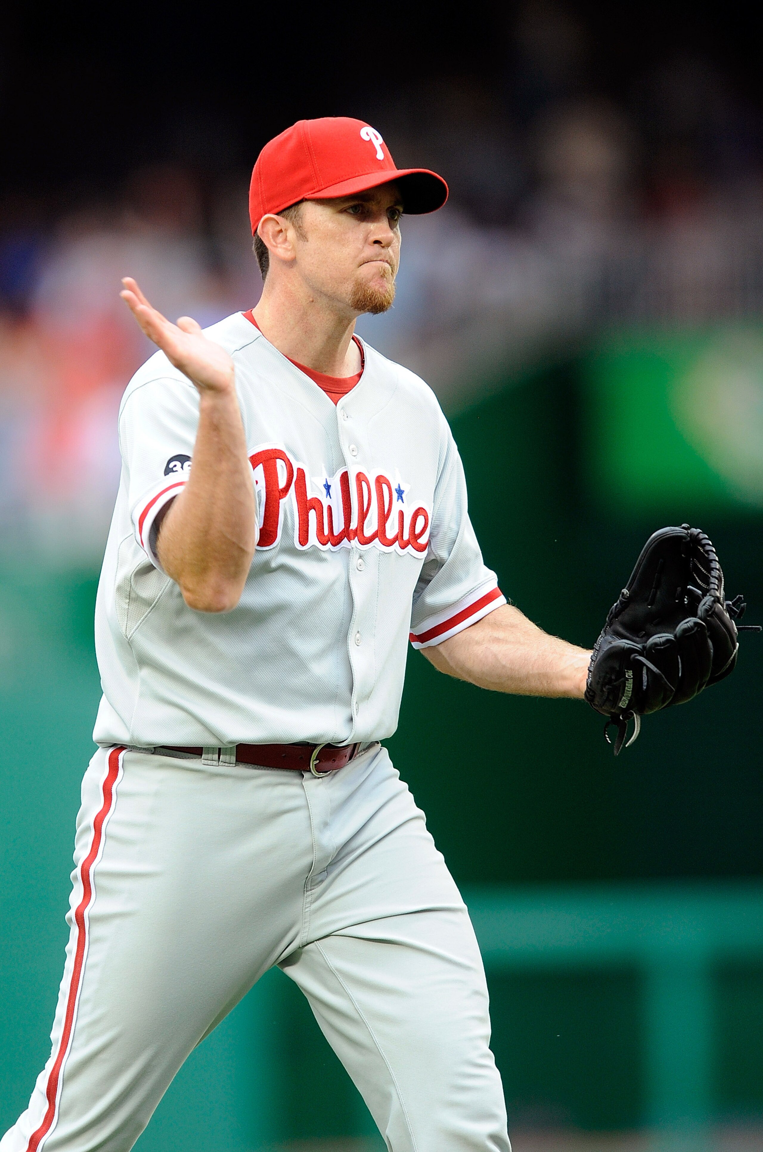 WASHINGTON - AUGUST 01:  Brad Lidge #54 of the Philadelphia Phillies celebrates after a 6-4 victory against the Washington Nationals at Nationals Park on August 1, 2010 in Washington, DC.  (Photo by Greg Fiume/Getty Images)
