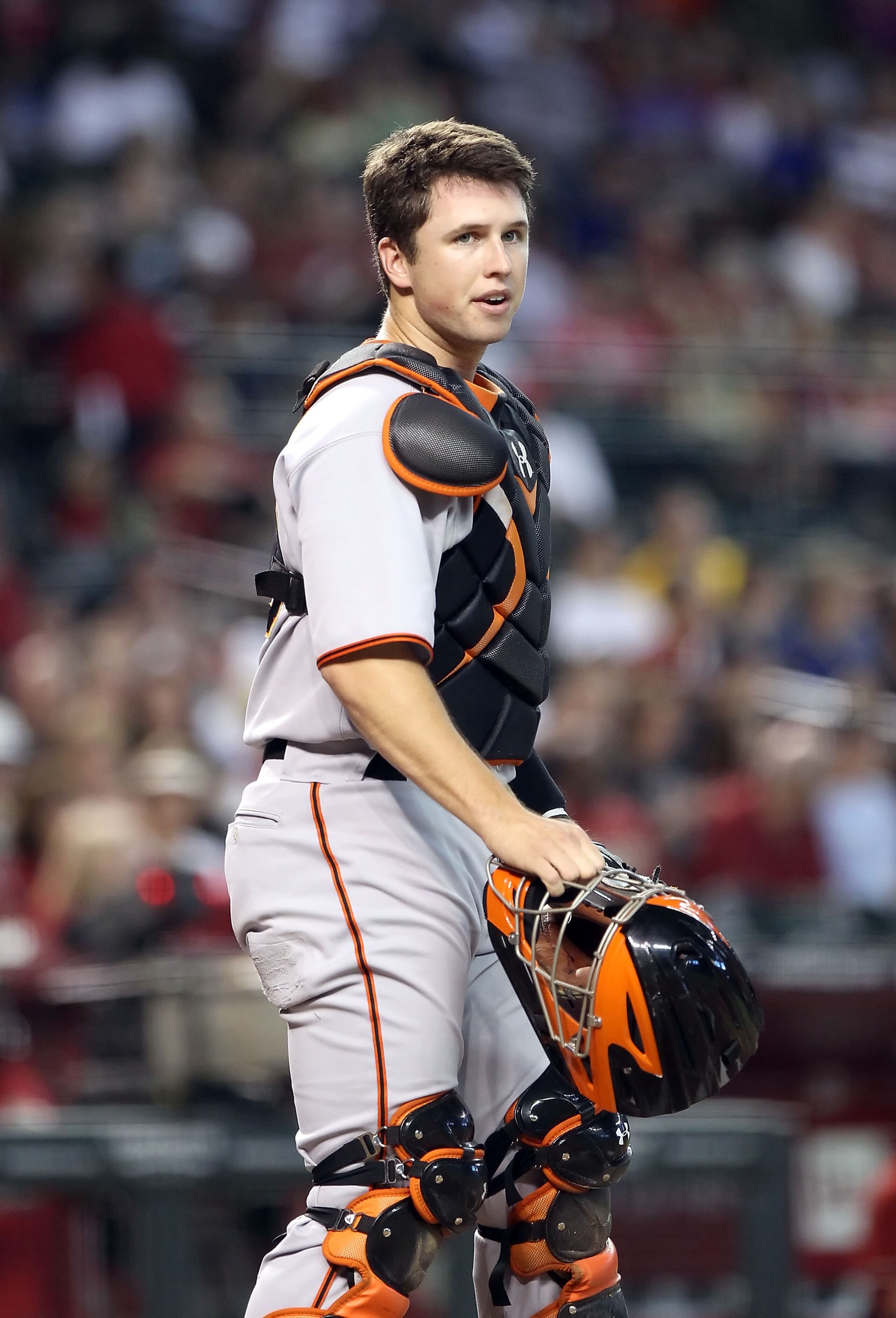 PHOENIX - SEPTEMBER 06:  Catcher Buster Posey #28 of the San Francisco Giants in action during the Major League Baseball game against the Arizona Diamondbacks at Chase Field on September 6, 2010 in Phoenix, Arizona. The Giants defeated the Diamondbacks 2-
