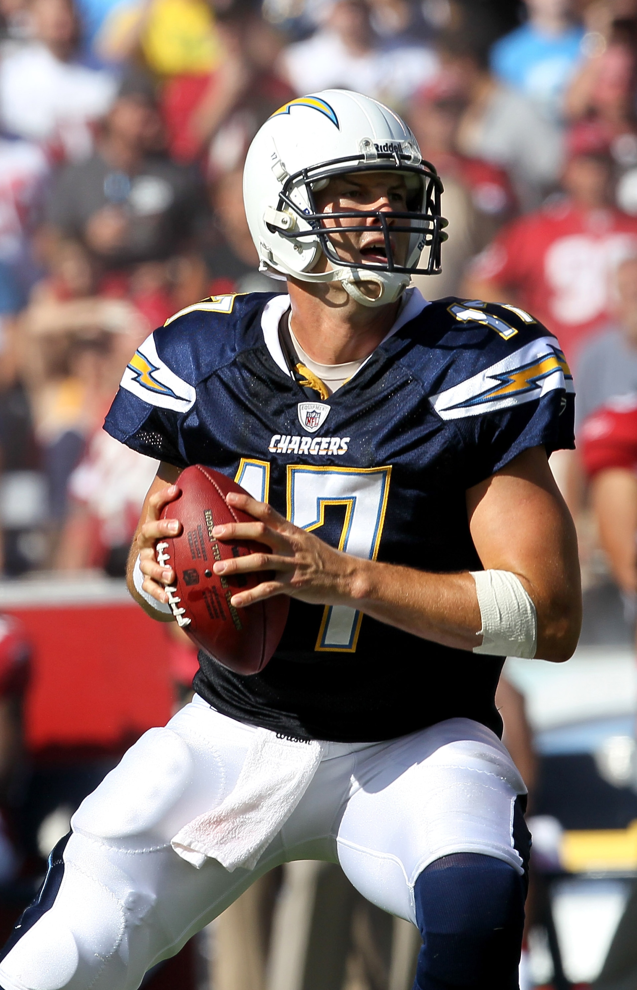 SAN DIEGO - OCTOBER 03: Quarterback Philip Rivers of the San Diego Chargers looks to throw a pass against the Arizona Cardinals at Qualcomm Stadium on October 3, 2010 in San Diego, California. The Chargers won 41-10. (Photo by Stephen Dunn/Getty Image SAN DIEGO - OCTOBER 03: Quarterback Philip Rivers of the San Diego Chargers looks to throw a pass against the Arizona Cardinals at Qualcomm Stadium on October 3, 2010 in San Diego, California. The Chargers won 41-10. (Photo by Stephen Dunn/Getty Image
