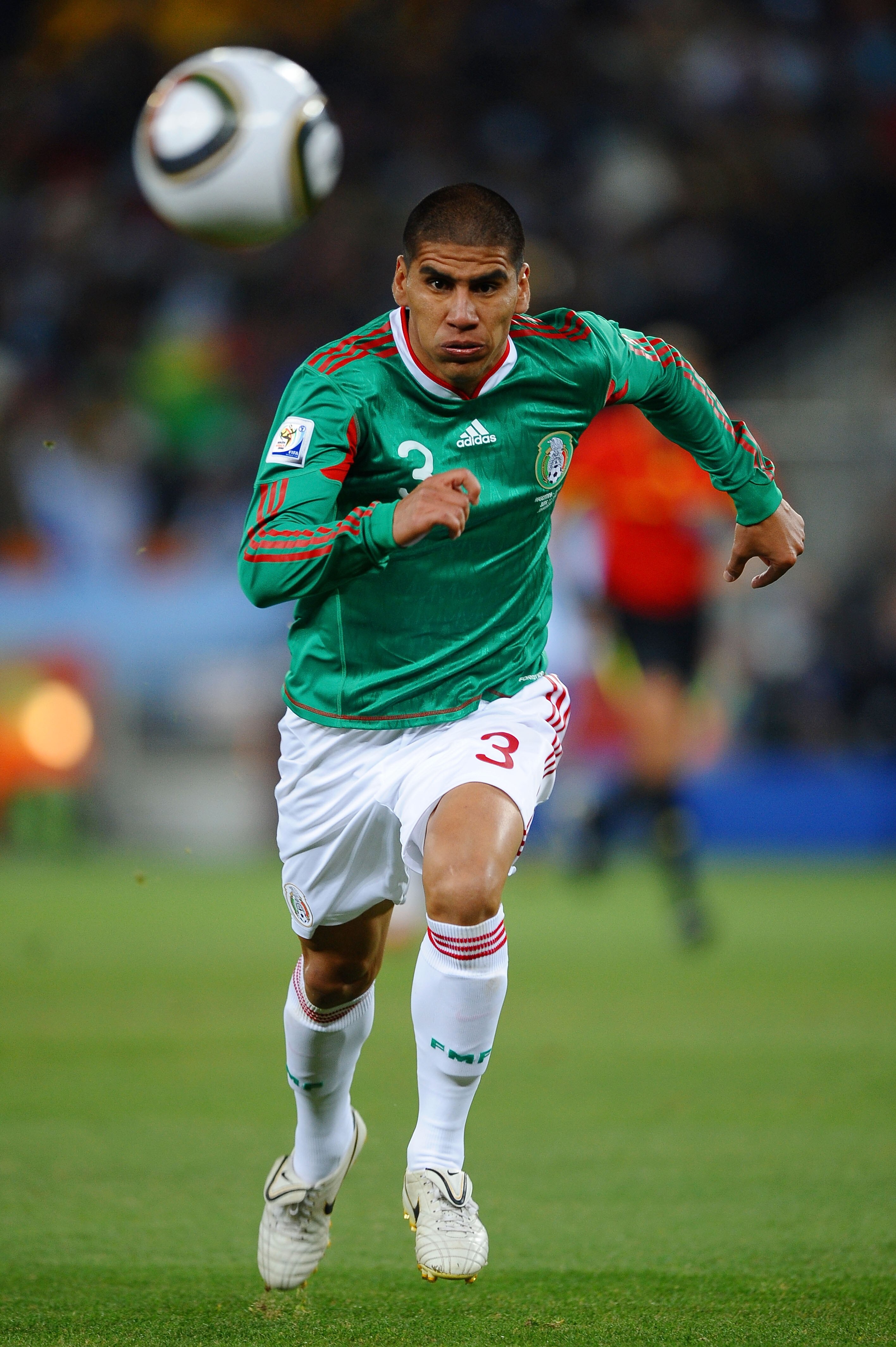 JOHANNESBURG, SOUTH AFRICA - JUNE 27:  Carlos Salcido of Mexico runs for the ball during the 2010 FIFA World Cup South Africa Round of Sixteen match between Argentina and Mexico at Soccer City Stadium on June 27, 2010 in Johannesburg, South Africa.  (Phot