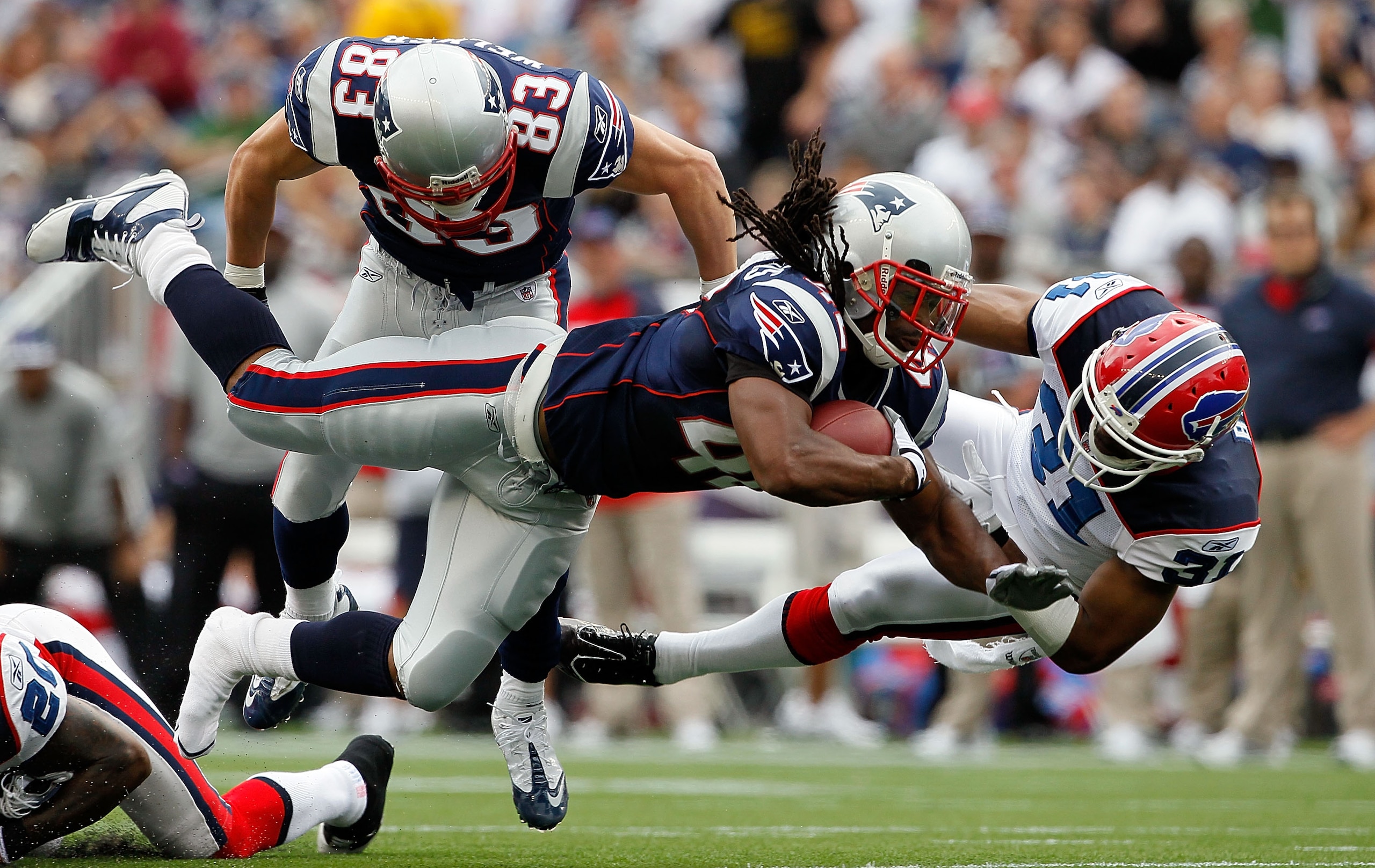 FOXBORO, MA - SEPTEMBER 26:  BenJarvus Green-Ellis #42 of the New England Patriots gains yardage against the defense of Jairus Byrd #31 of the Buffalo Bills at Gillette Stadium on September 26, 2010 in Foxboro, Massachusetts. (Photo by Jim Rogash/Getty Im